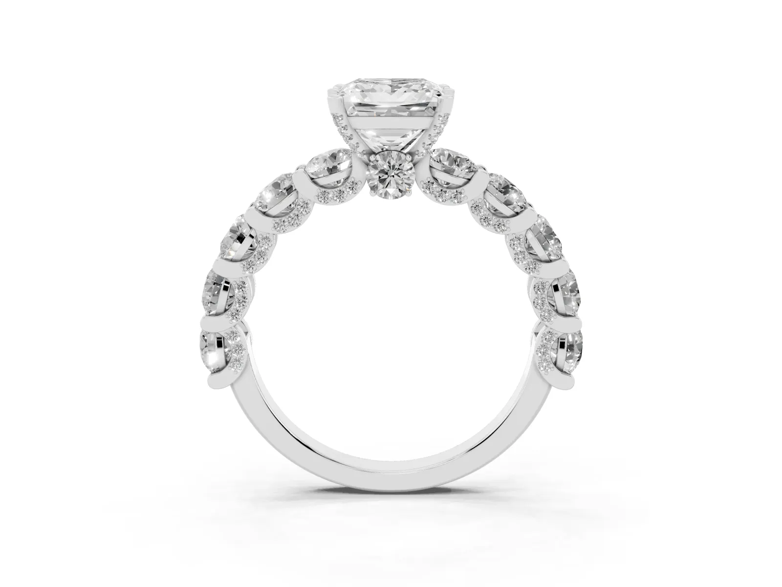 Princess Cut Diamond Side Stone Engagement Ring with Four-Prong Setting Platinum