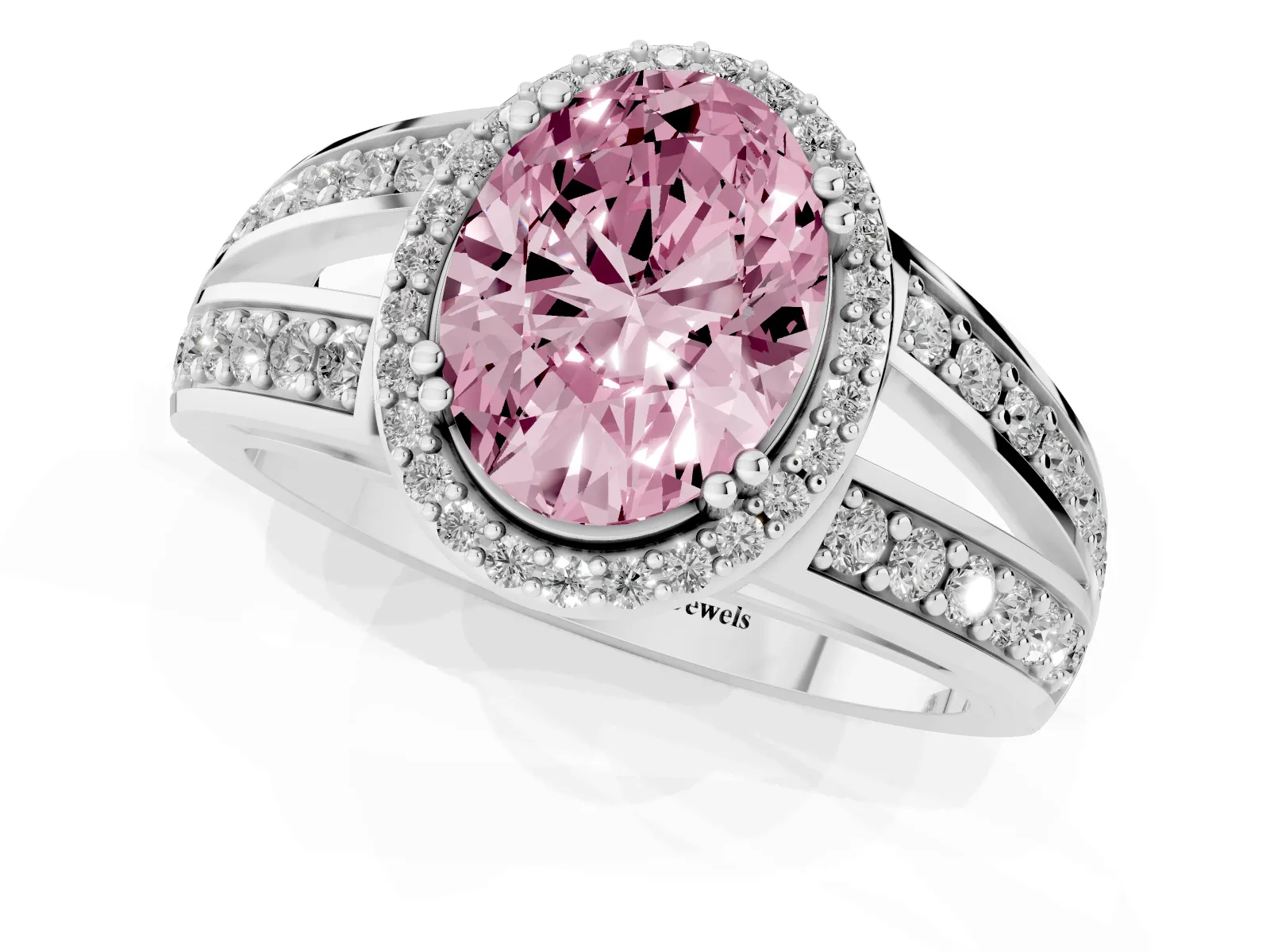 Fancy Pink Oval Cut Diamond Halo Ring with Split Shank Pavé Band and Four-Prong Setting White gold