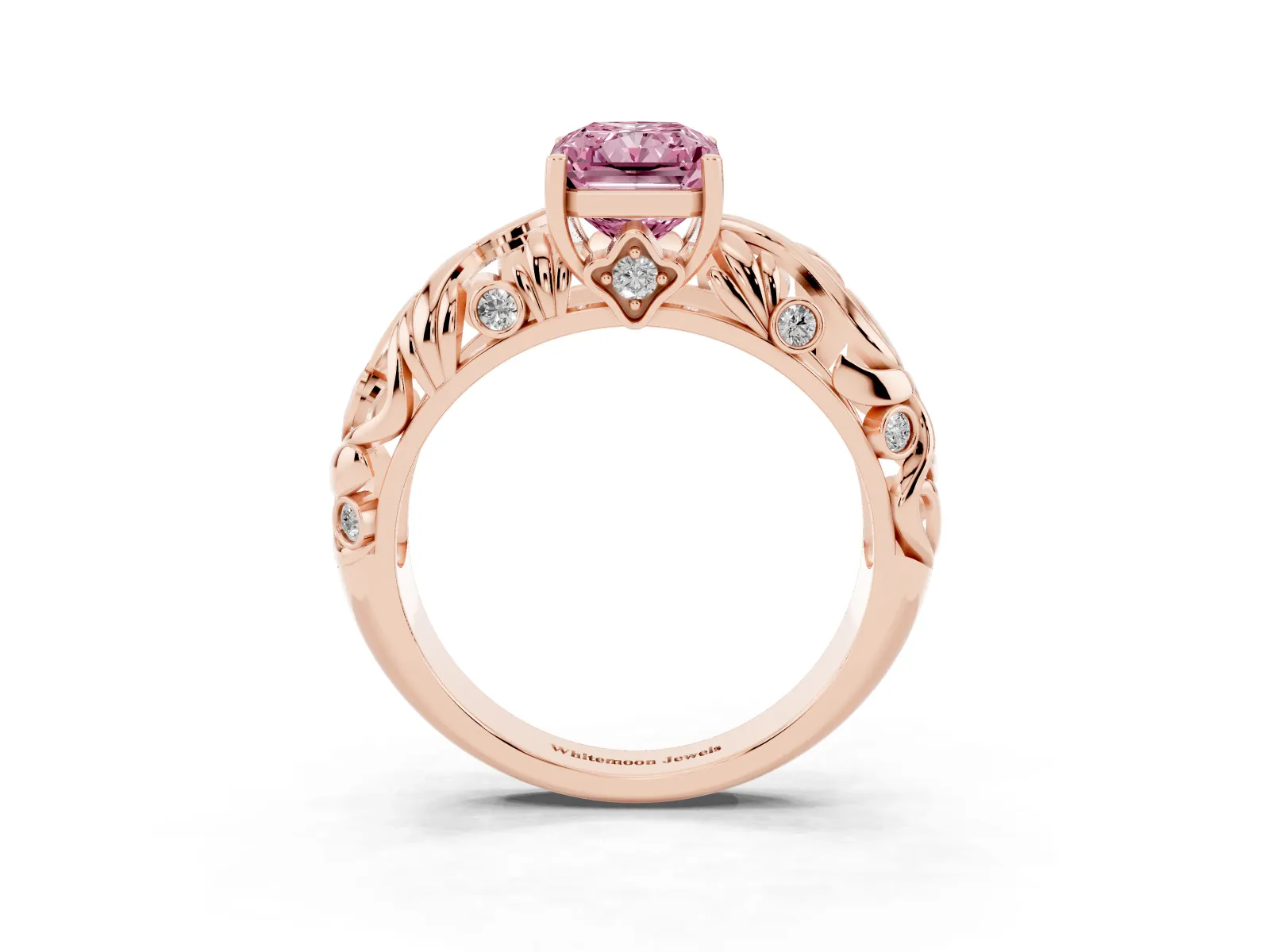 Fancy Pink Radiant Cut Solitaire Diamond Leaf-Inspired Vine Band Ring with Prong Setting Rose gold