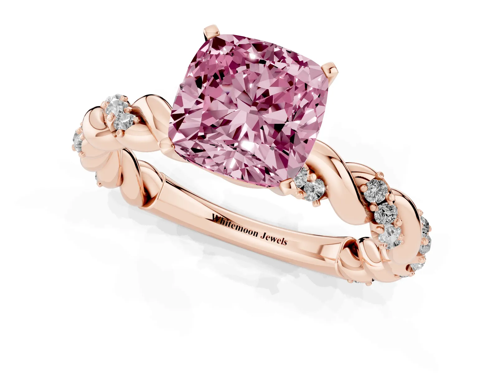 Fancy Pink Cushion Cut Diamond Solitaire Ring with Twisted Band and Pavé Accents Rose gold