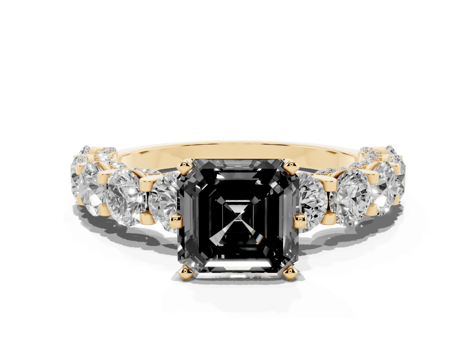 Fancy Black Asscher Cut Diamond Side Stone Engagement Ring with Four-Prong Setting Yellow gold