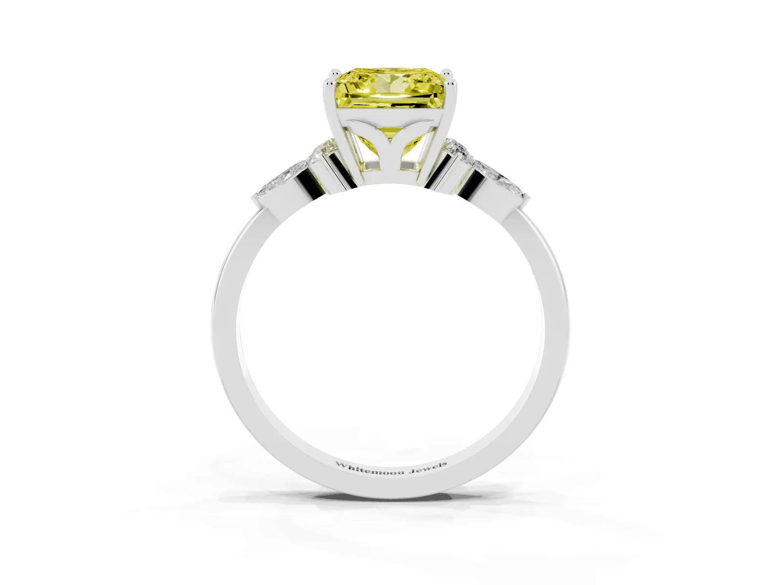 Fancy Yellow Princess Cut Brilliant Diamond Solitaire Ring with Pear Side Stones and Four-Prong Setting Platinum