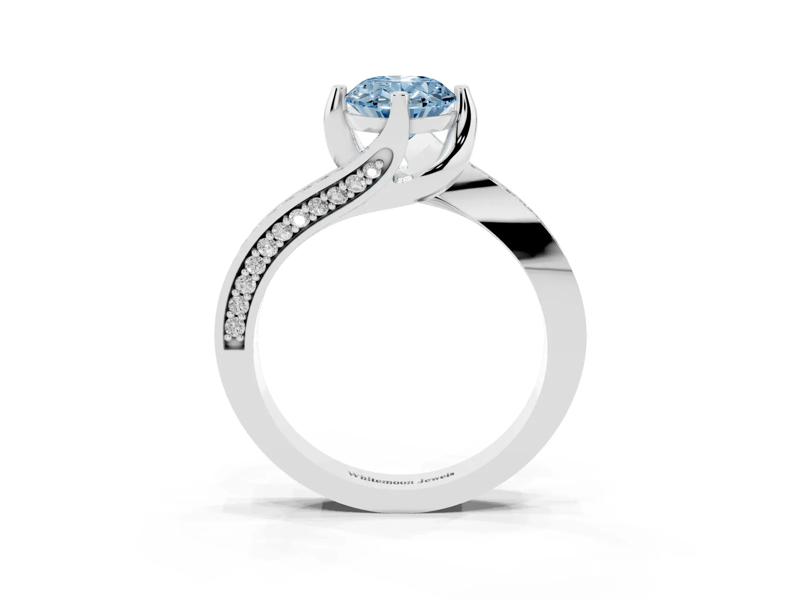 Fancy Blue Oval Cut Solitaire Diamond Twist Band with Pavé Setting and Four-Prong Setting Platinum