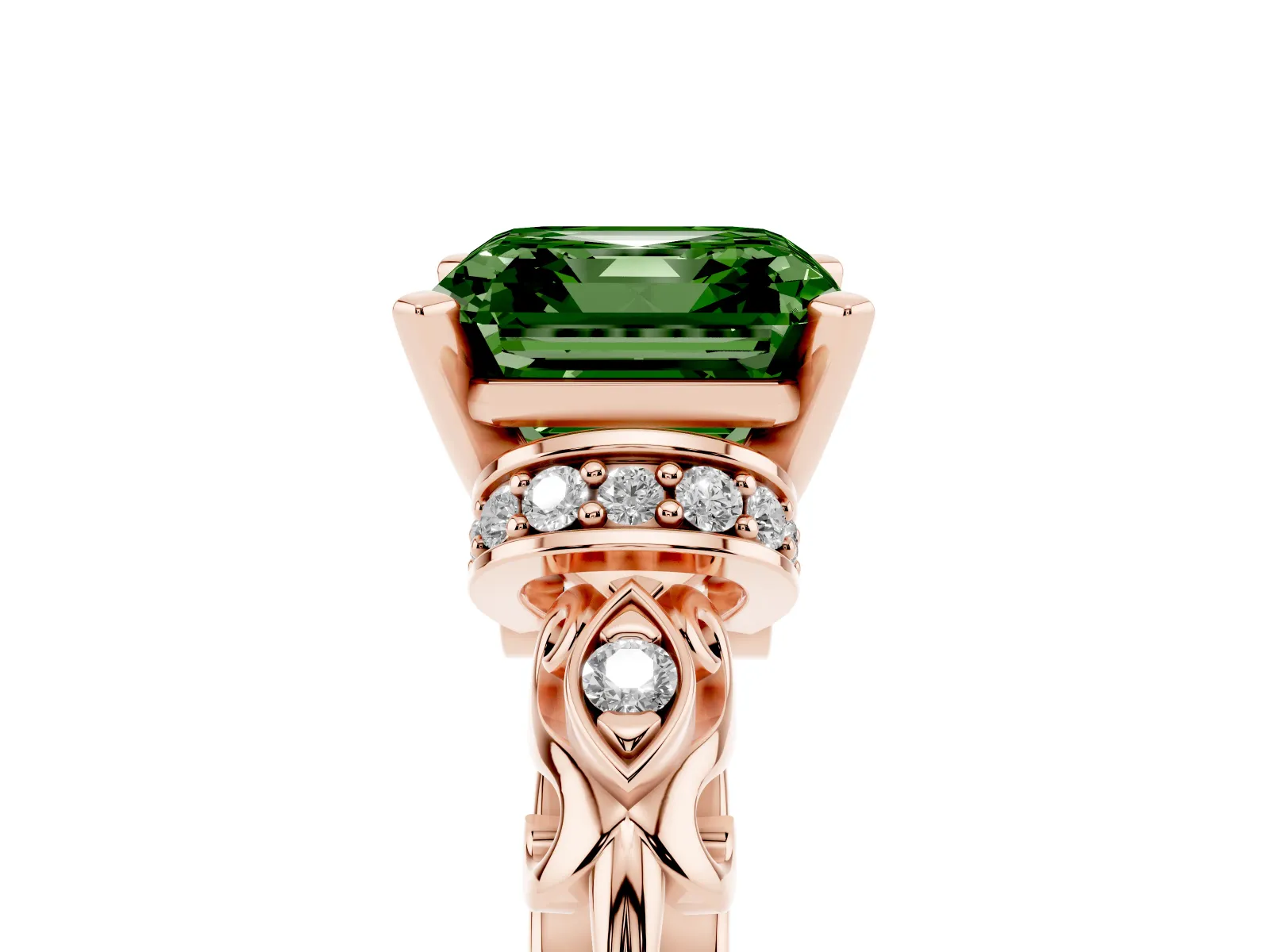 Fancy Green Asscher Cut Diamond Solitaire Ring with Filigree Band and Four-Prong Setting Rose gold