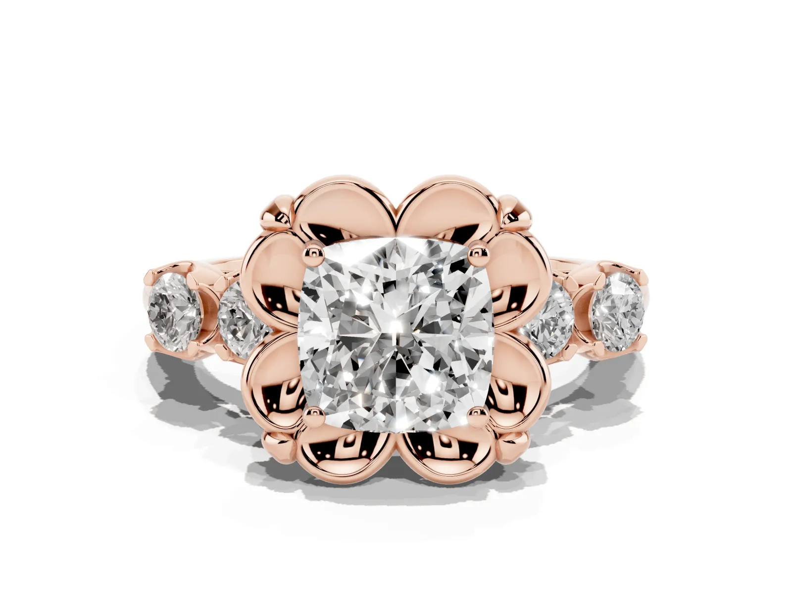 Cushion Cut Cut Diamond Floral Halo Engagement Ring with Shared Prong Setting Rose gold