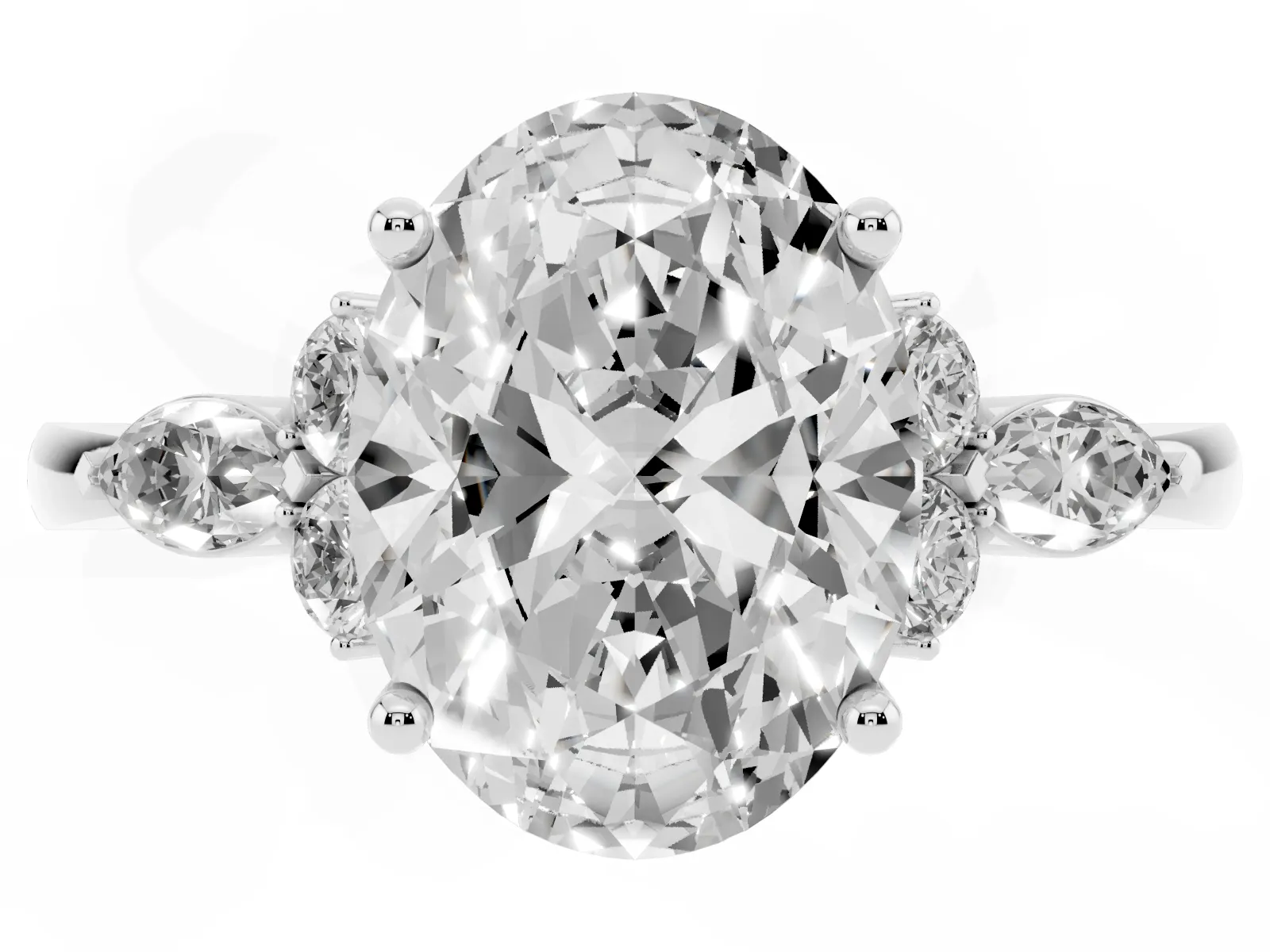 Oval Cut Brilliant Diamond Solitaire Ring with Pear Side Stones and Four-Prong Setting Platinum