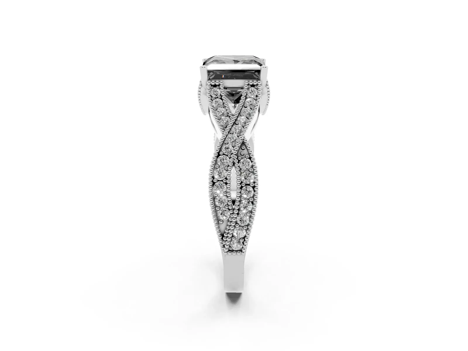 Fancy Black Princess Cut Cut Diamond Twisted Band with Milgrain Pave Setting and Four-Prong Setting Platinum