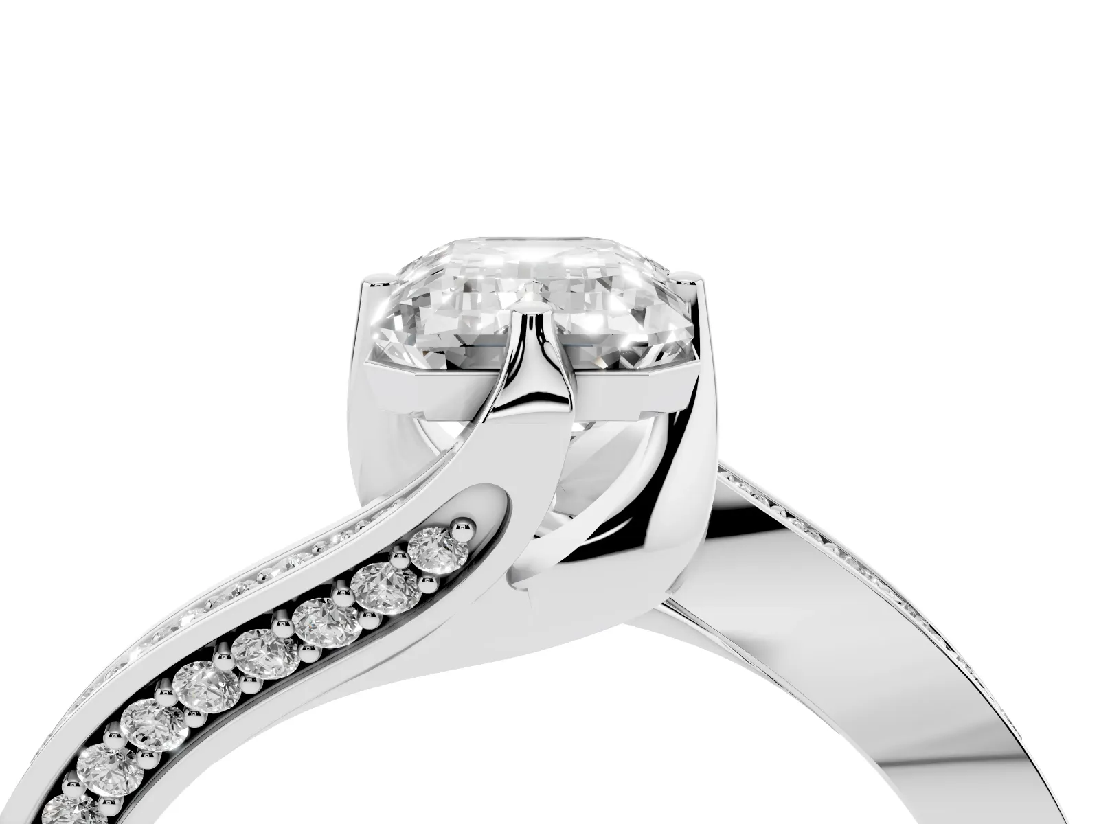 Emerald Cut Solitaire Diamond Twist Band with Pavé Setting and Four-Prong Setting Platinum