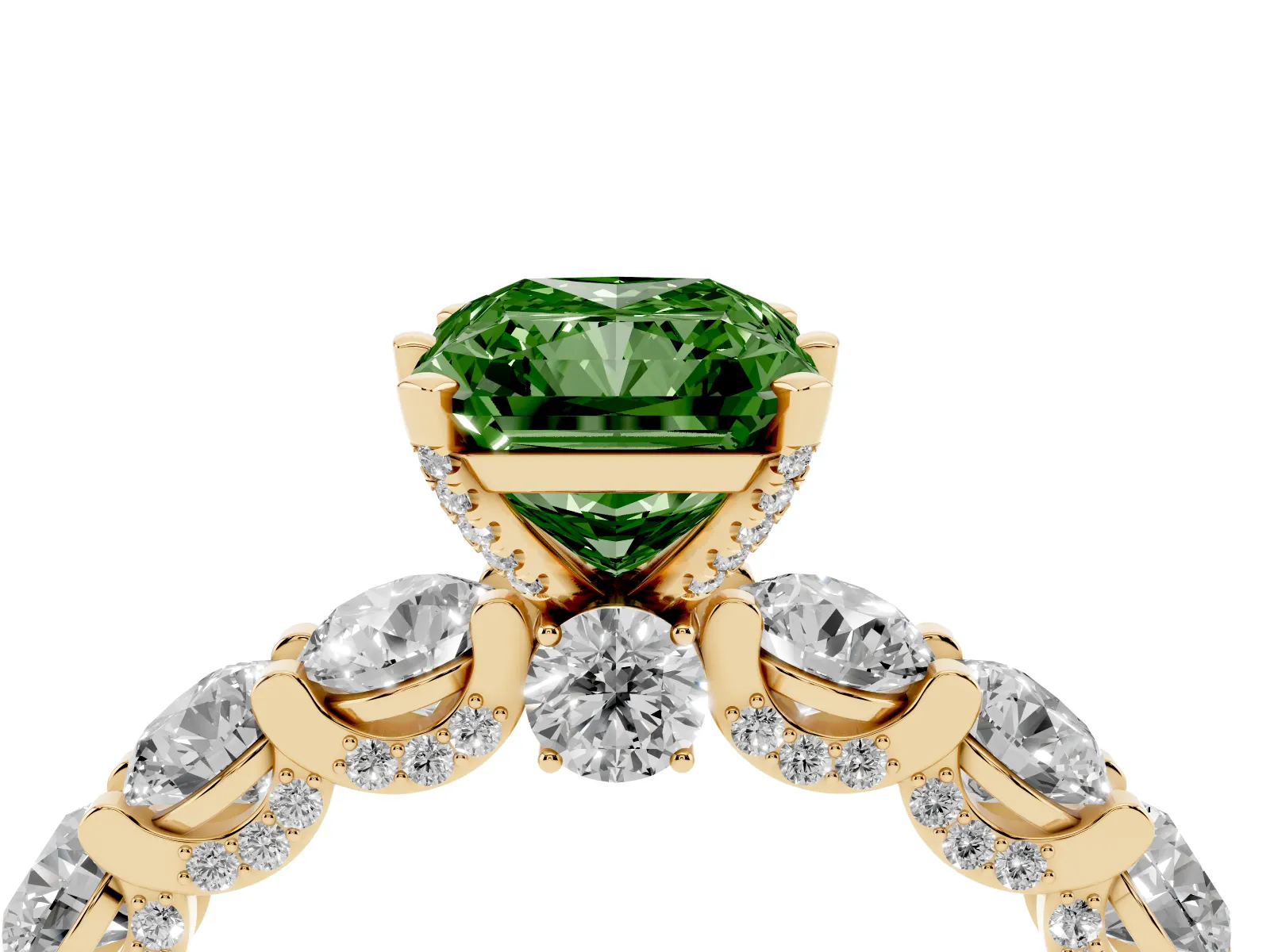 Fancy Green Radiant Cut Diamond Side Stone Engagement Ring with Four-Prong Setting Yellow gold