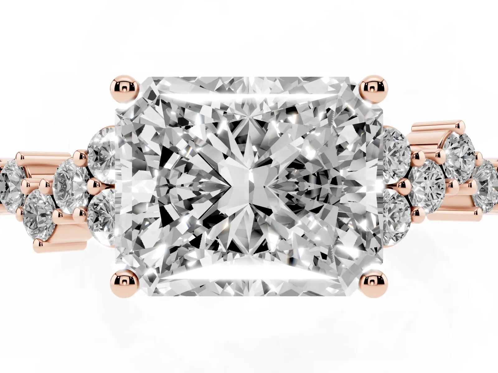 Radiant Cut Diamond Scattered Round Accent Ring with Prong Setting Rose gold