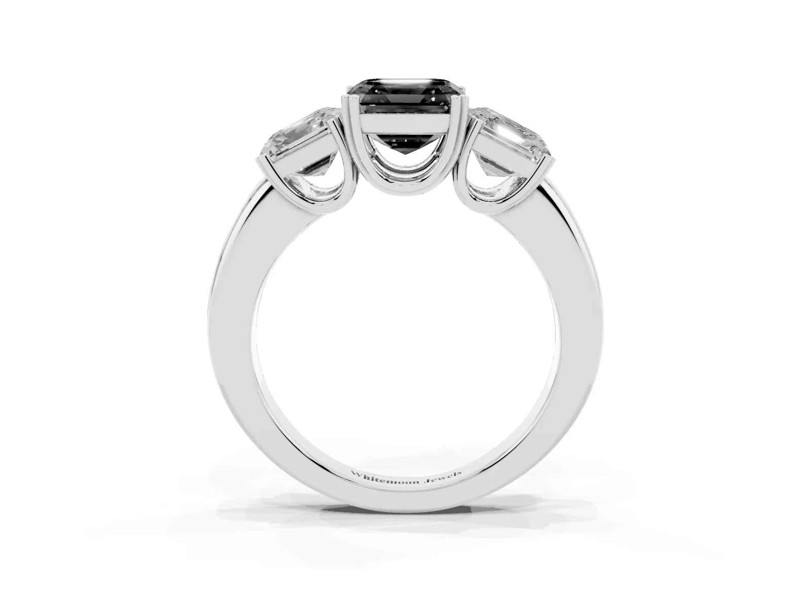 Fancy Black Three-Stone Asscher Cut Cut Diamond Ring with Channel Set Band and Four-Prong Setting White gold