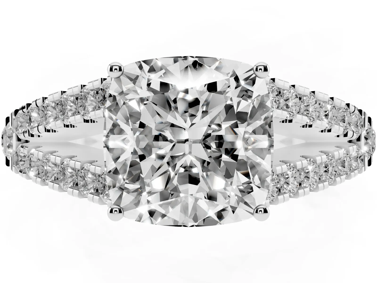 Cushion Cut Diamond Split Shank Engagement Ring with Round Pavé and Prong Setting White gold