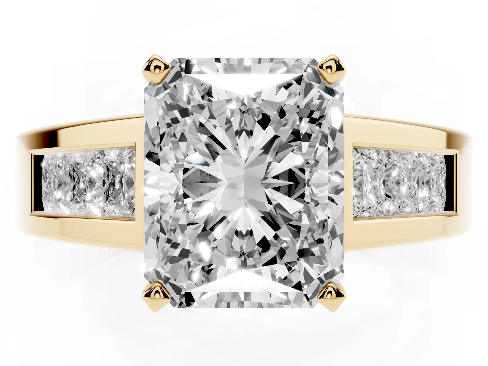 Radiant Cut Cut Channel Set Solitaire Ring with Four-Prong Setting Yellow gold