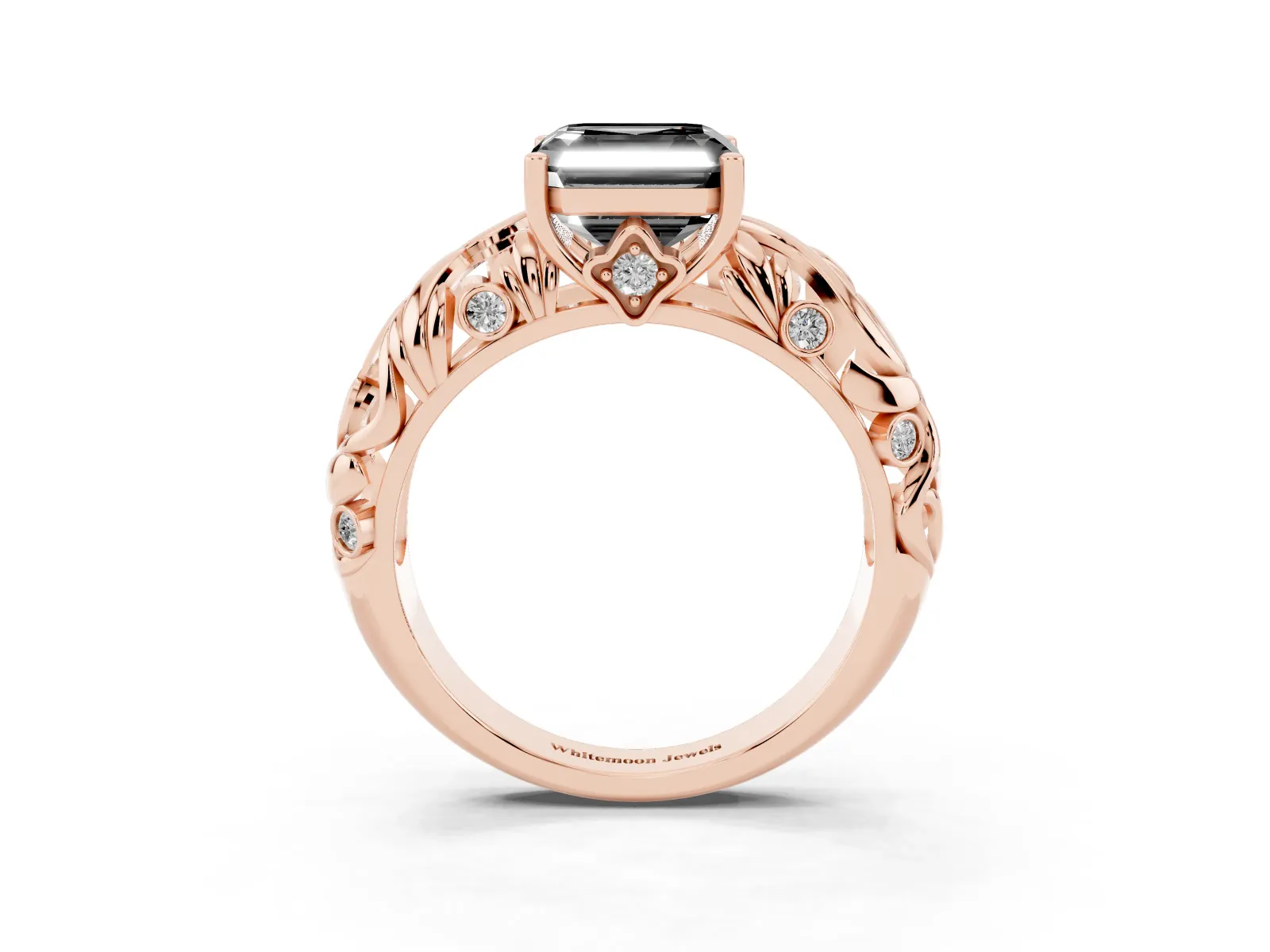 Fancy Black Asscher Cut Solitaire Diamond Leaf-Inspired Vine Band Ring with Prong Setting Rose gold