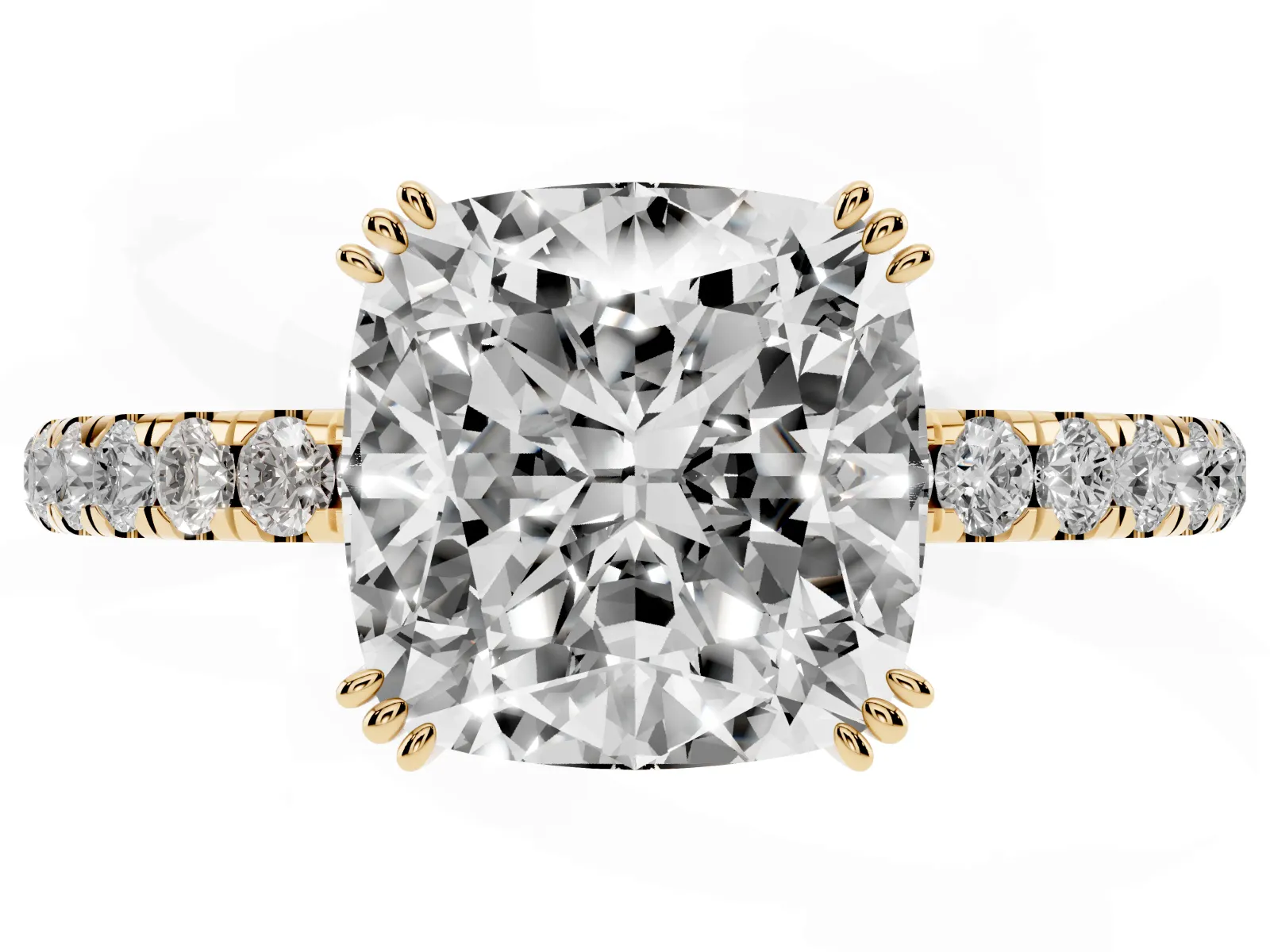 Cushion Cut Brilliant Solitaire with Pavé Band and Claw Prong Setting Yellow gold