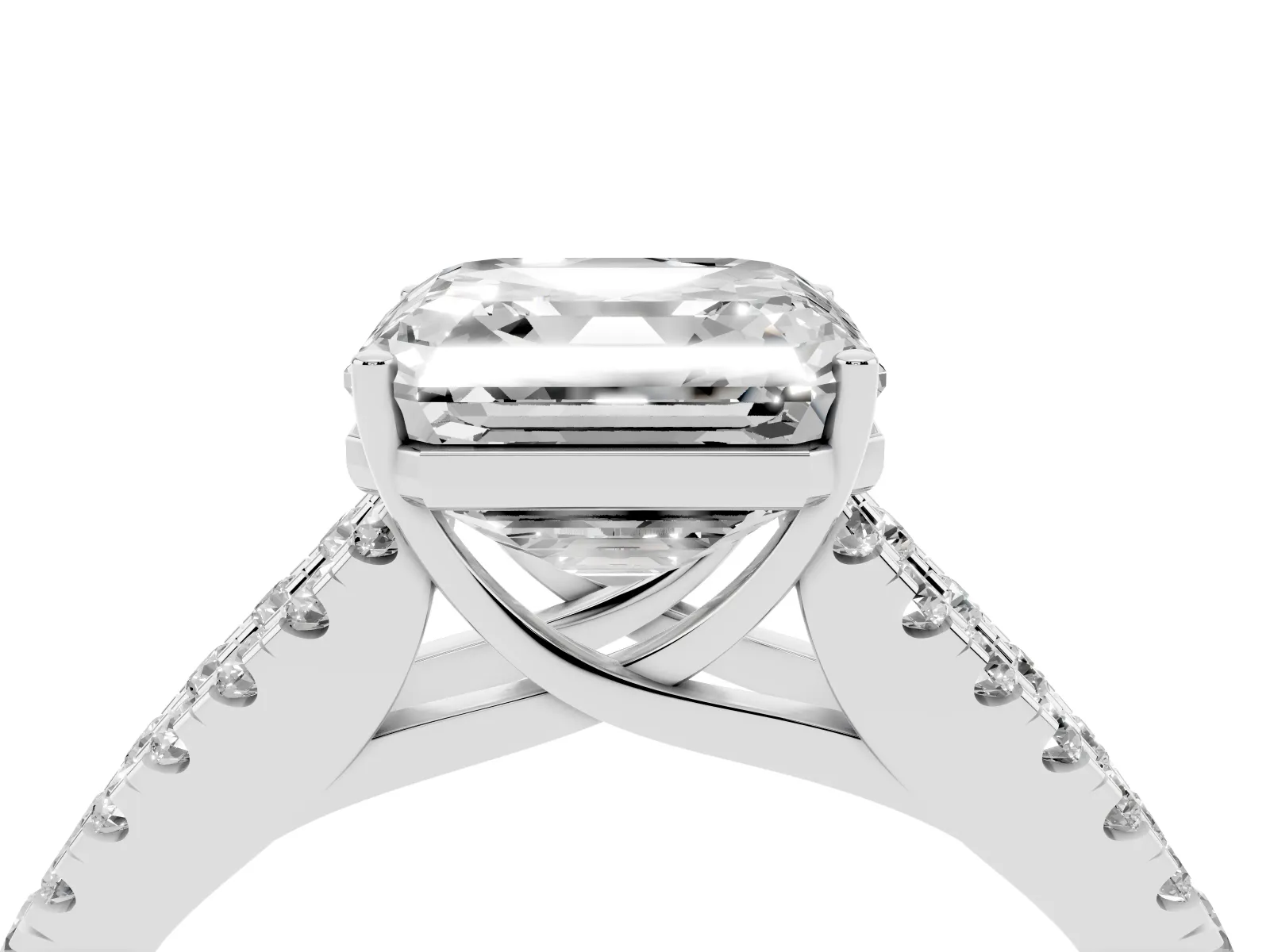 Asscher Cut Diamond Split Shank Engagement Ring with Round Pavé and Prong Setting White gold