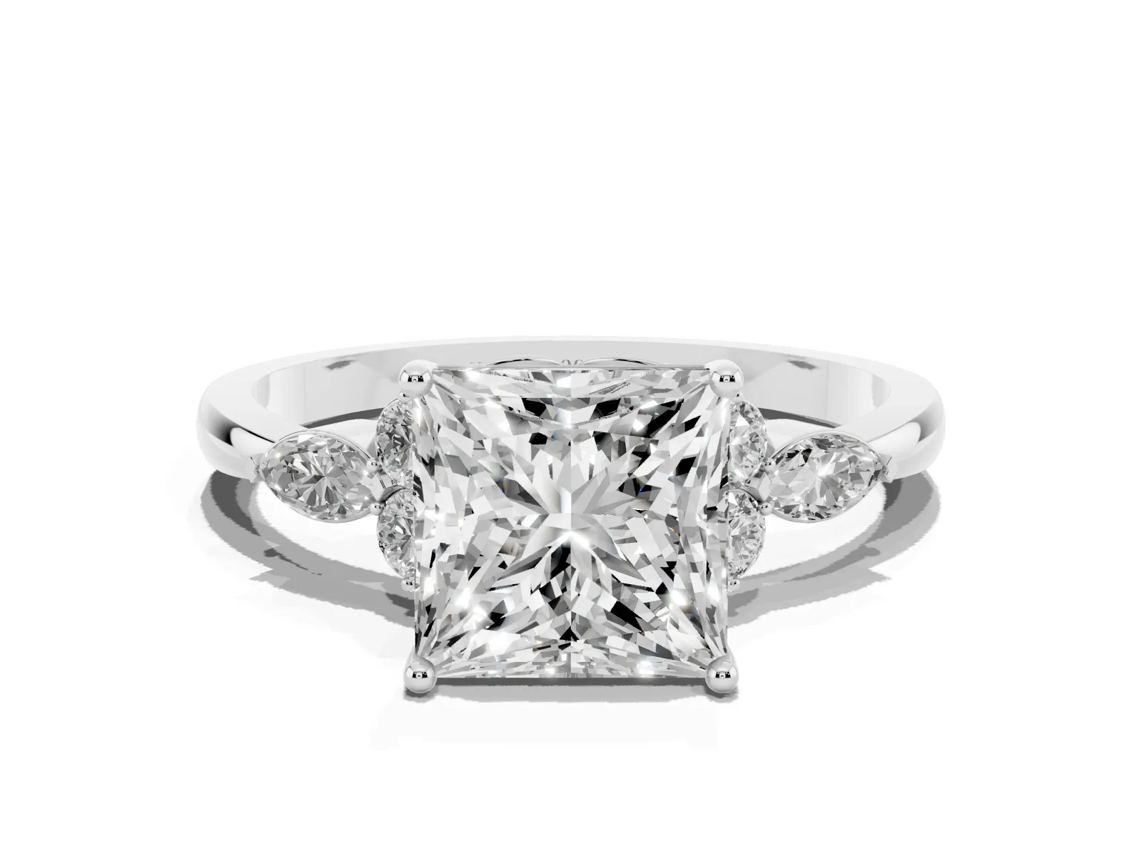 Princess Cut Brilliant Diamond Solitaire Ring with Pear Side Stones and Four-Prong Setting Platinum