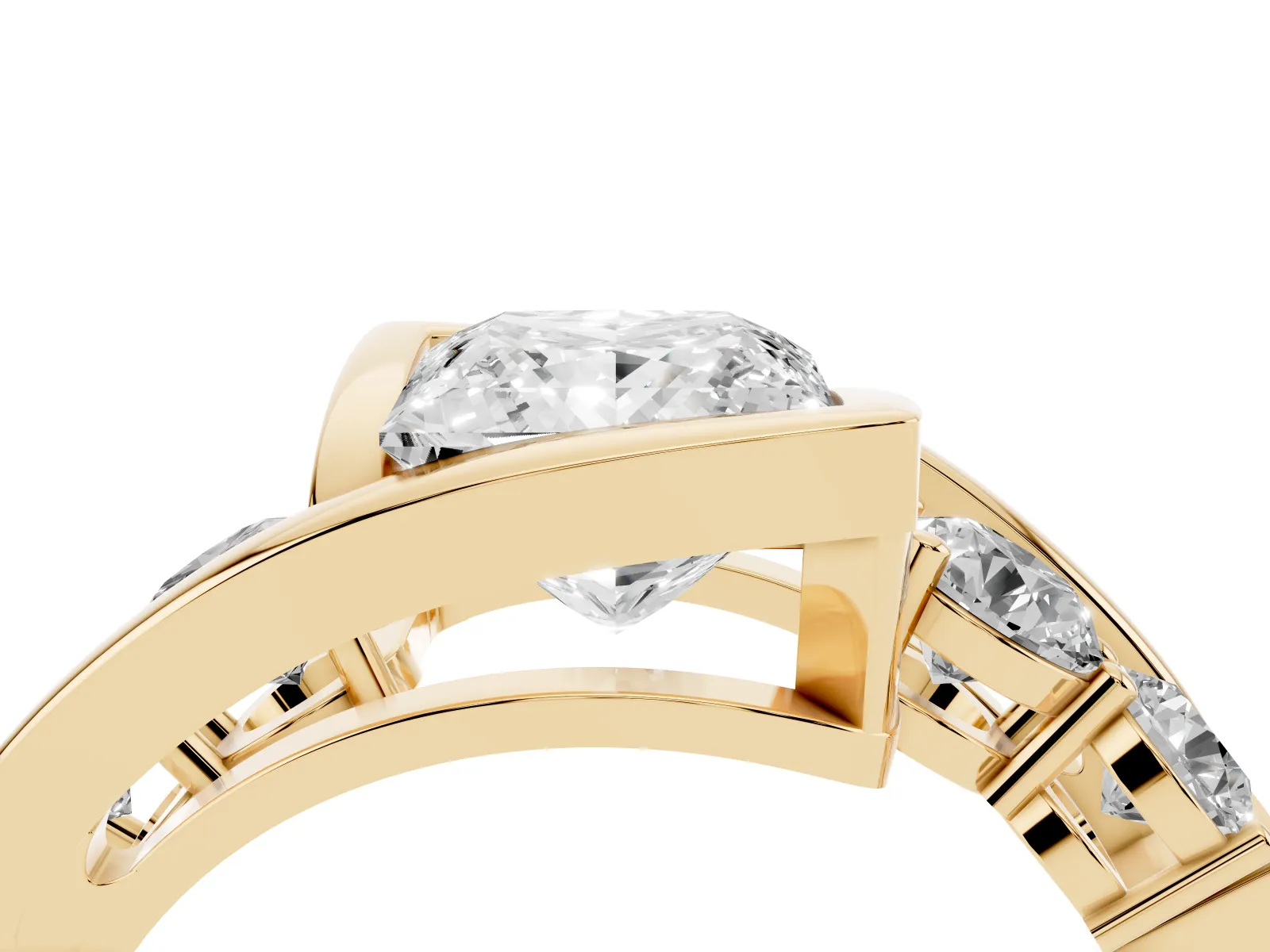 Bezel Set Princess Cut Diamond Bypass Ring with Round Accents Yellow gold