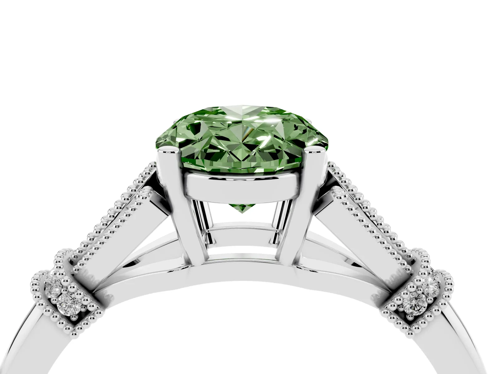 Fancy Green Oval Cut Diamond Solitaire Ring with Floral Filigree and Pave Accents White gold