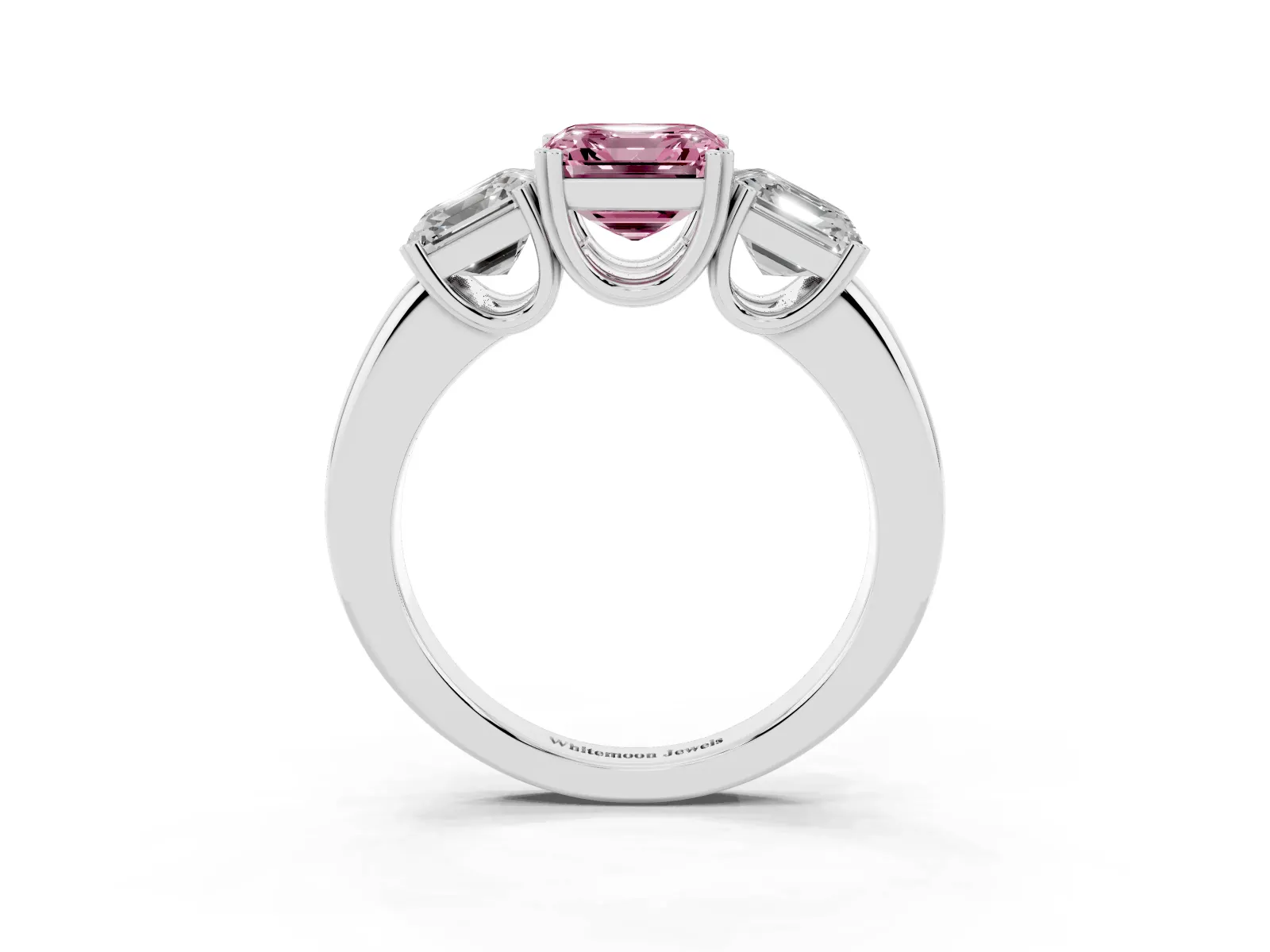 Fancy Pink Three-Stone Asscher Cut Cut Diamond Ring with Channel Set Band and Four-Prong Setting White gold