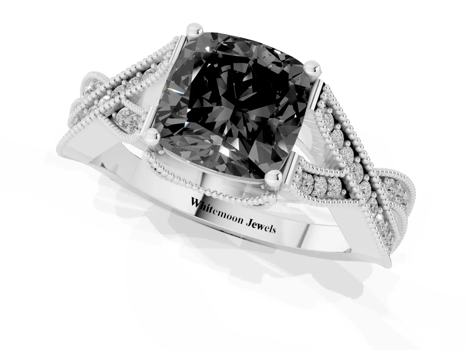 Fancy Black Cushion Cut Cut Diamond Twisted Band with Milgrain Pave Setting and Four-Prong Setting Platinum