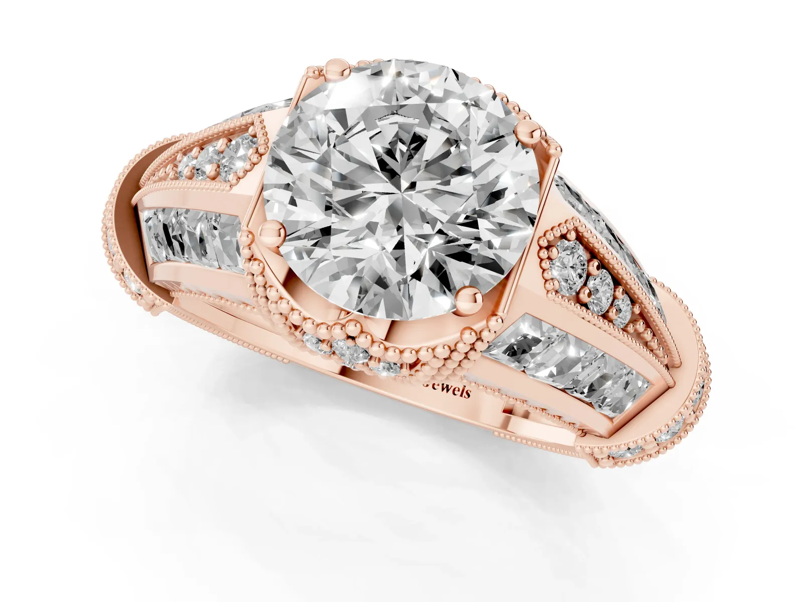 Vintage Milgrain Round Cut Diamond Split Shank Ring with Prong Setting Rose gold