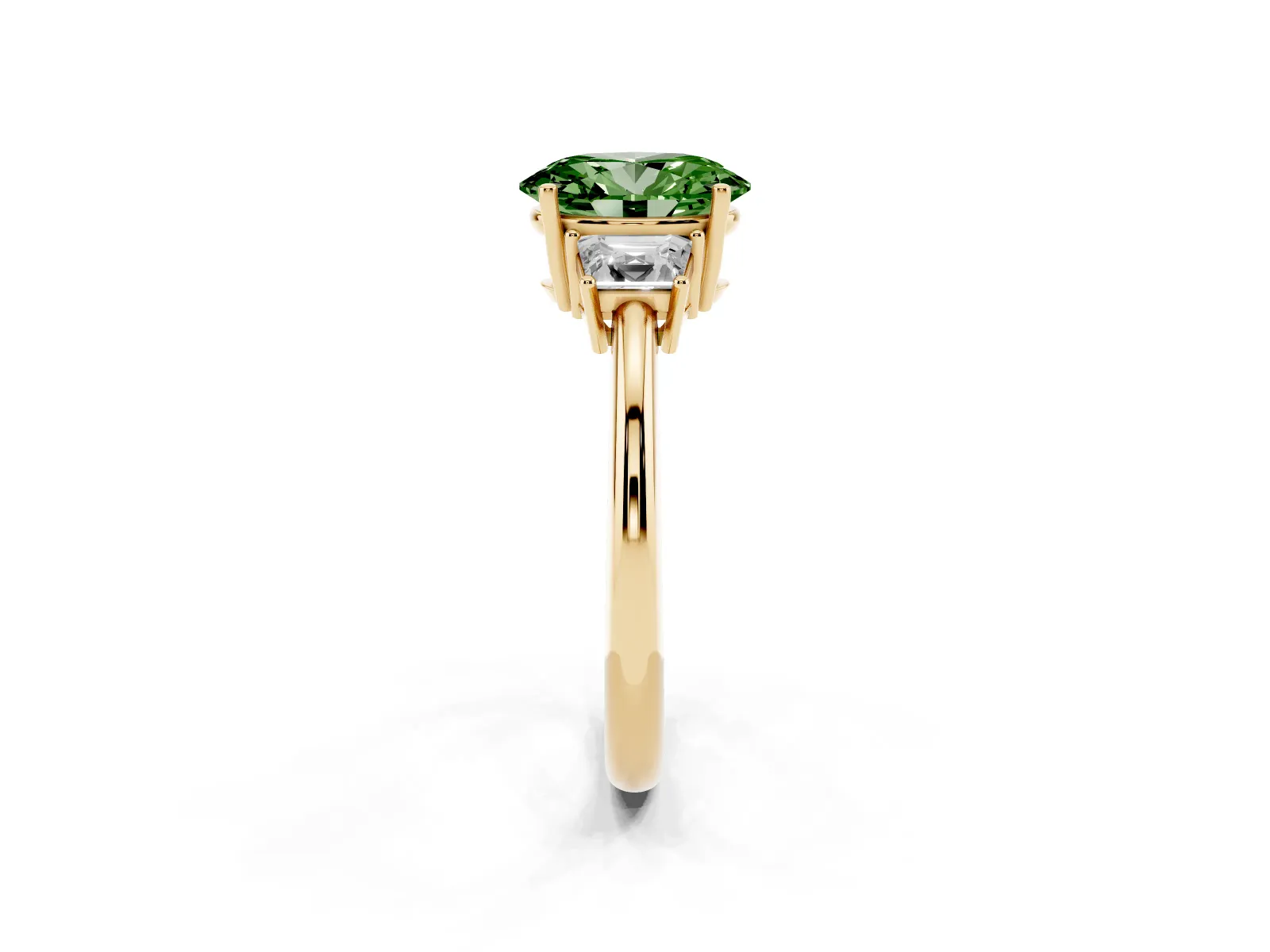 Fancy Green Oval Cut Diamond Three-Stone Ring with Trapezoid Side Stones and Prong Setting Yellow gold