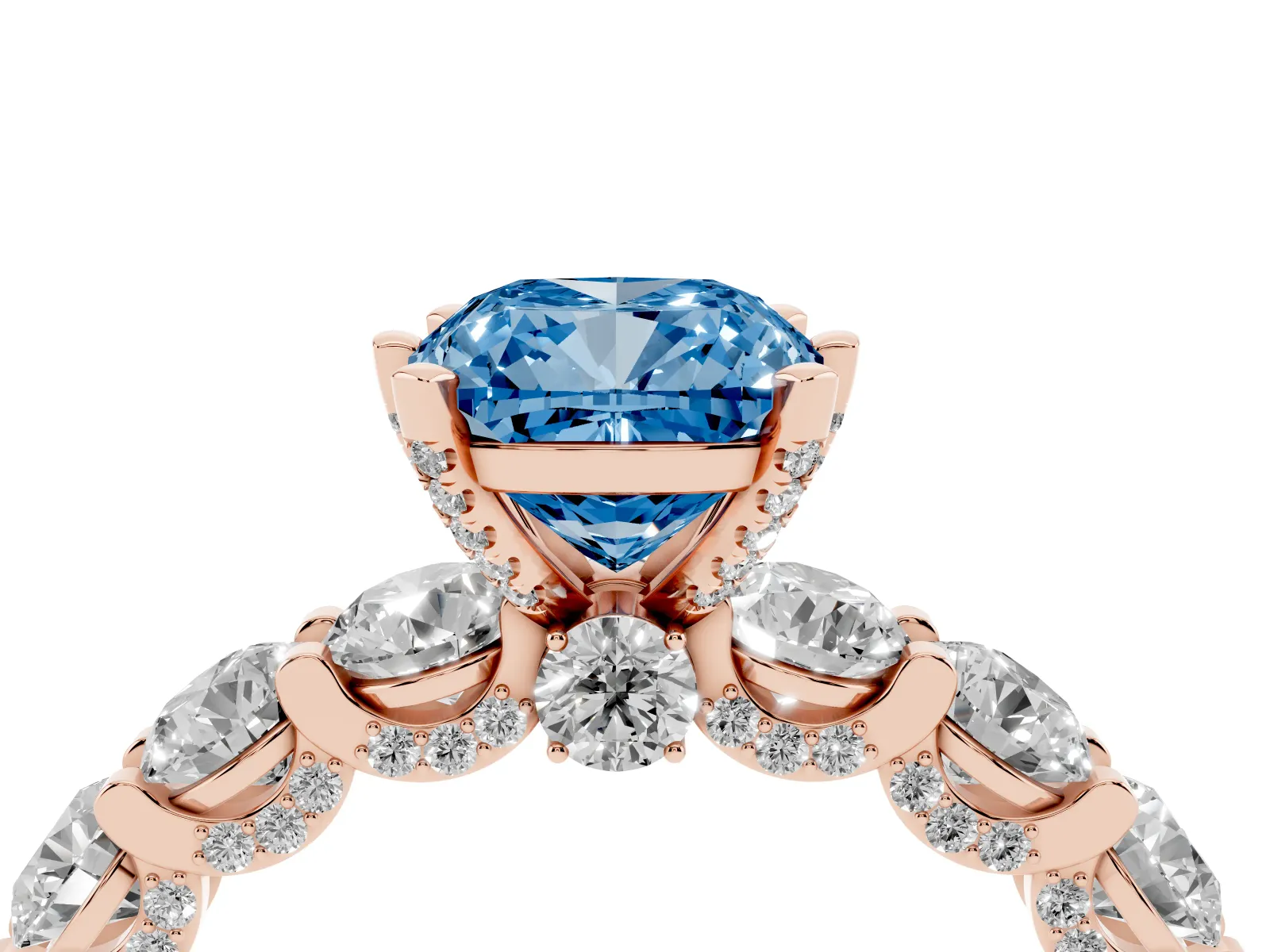Fancy Blue Cushion Cut Diamond Side Stone Engagement Ring with Four-Prong Setting Rose gold