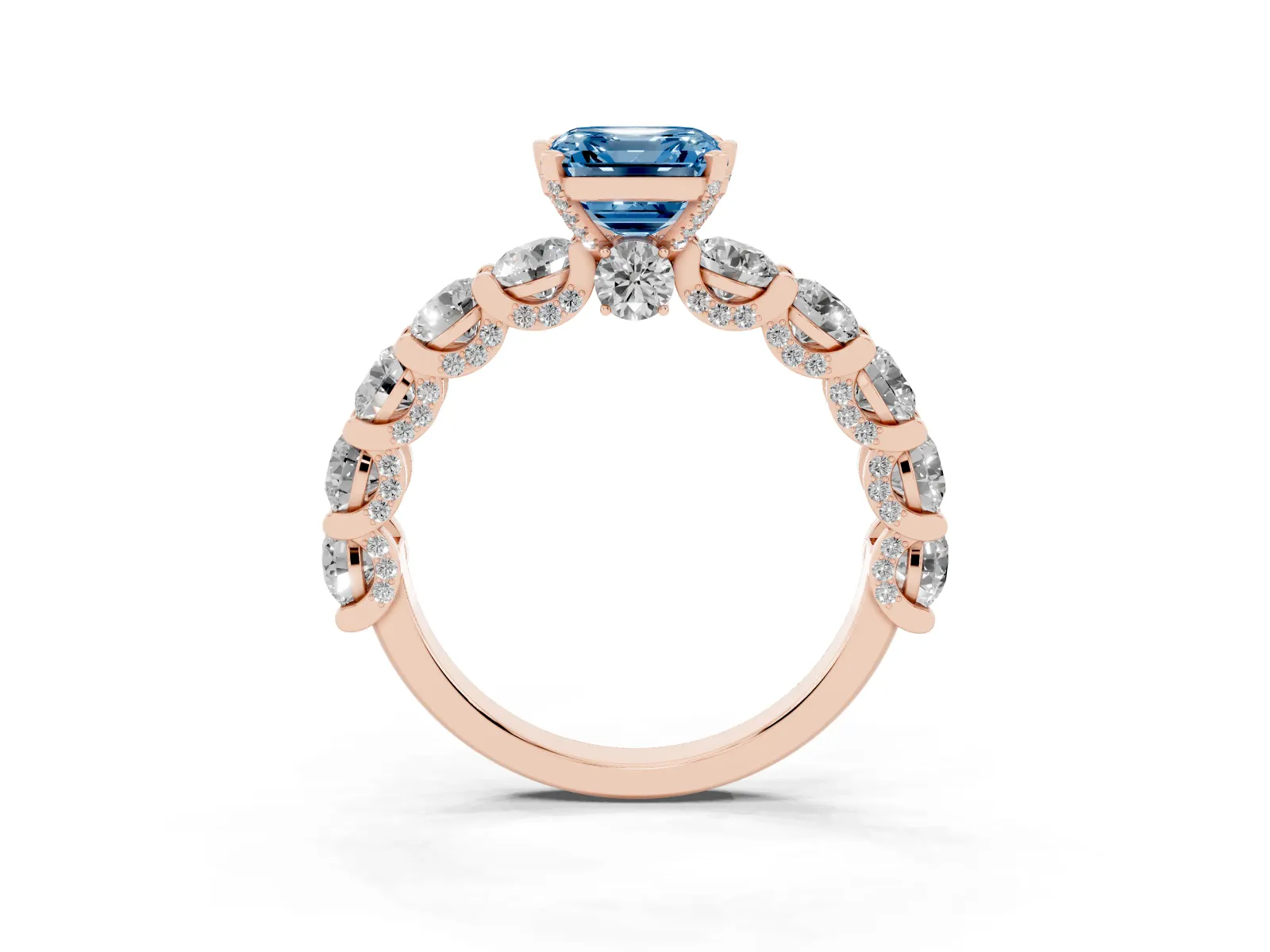 Fancy Blue Asscher Cut Diamond Side Stone Engagement Ring with Four-Prong Setting Rose gold
