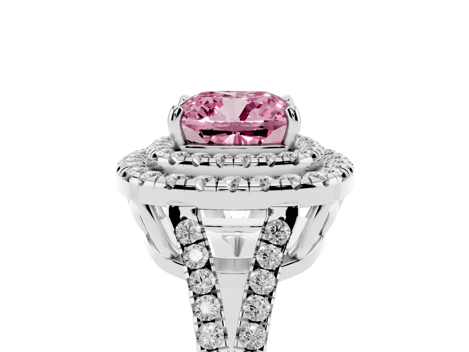 Fancy Pink Cushion Cut Diamond Double Halo Ring with Pavé Band and Prong Setting Platinum