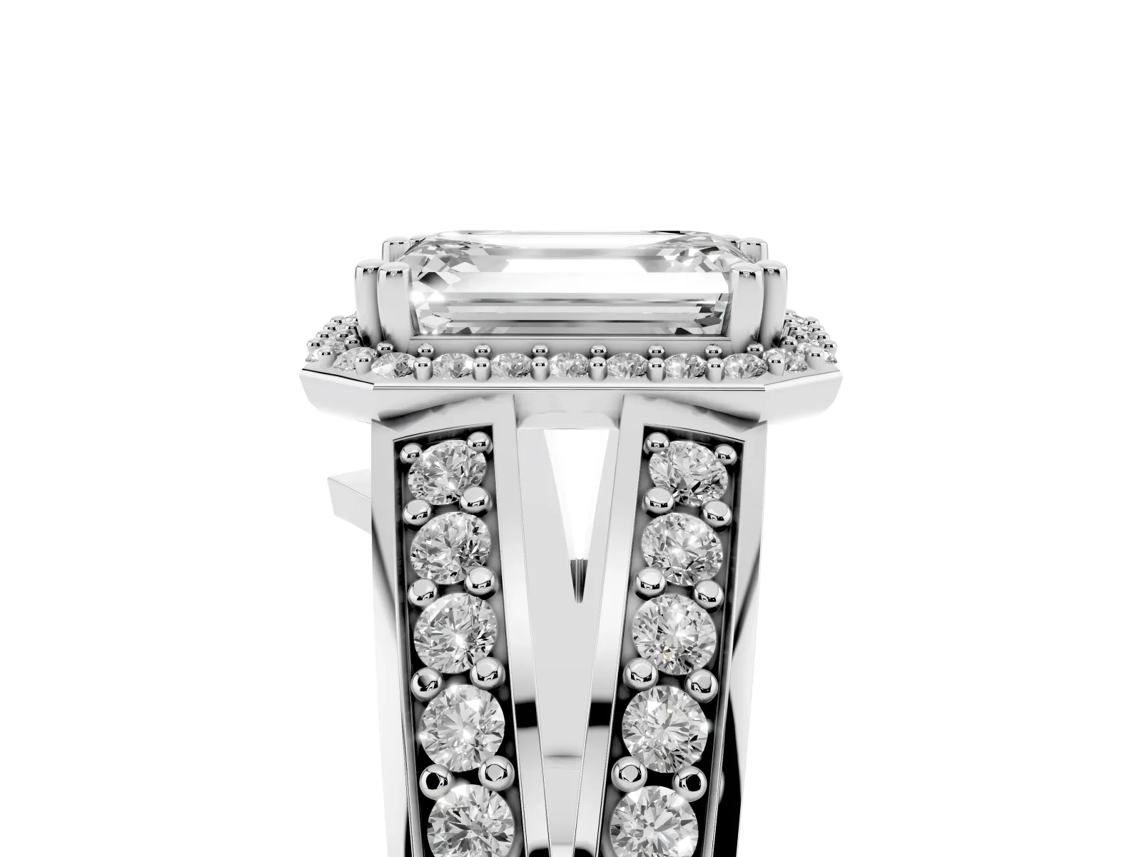 Emerald Cut Diamond Halo Ring with Split Shank Pavé Band and Four-Prong Setting White gold