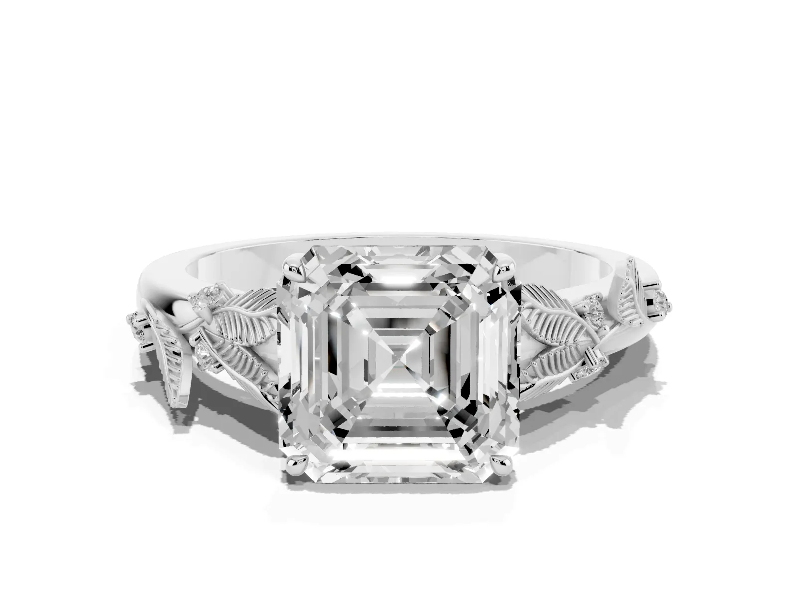 Asscher Cut Diamond Solitaire Ring with Leaf Motif Band and Four-Prong Setting White gold
