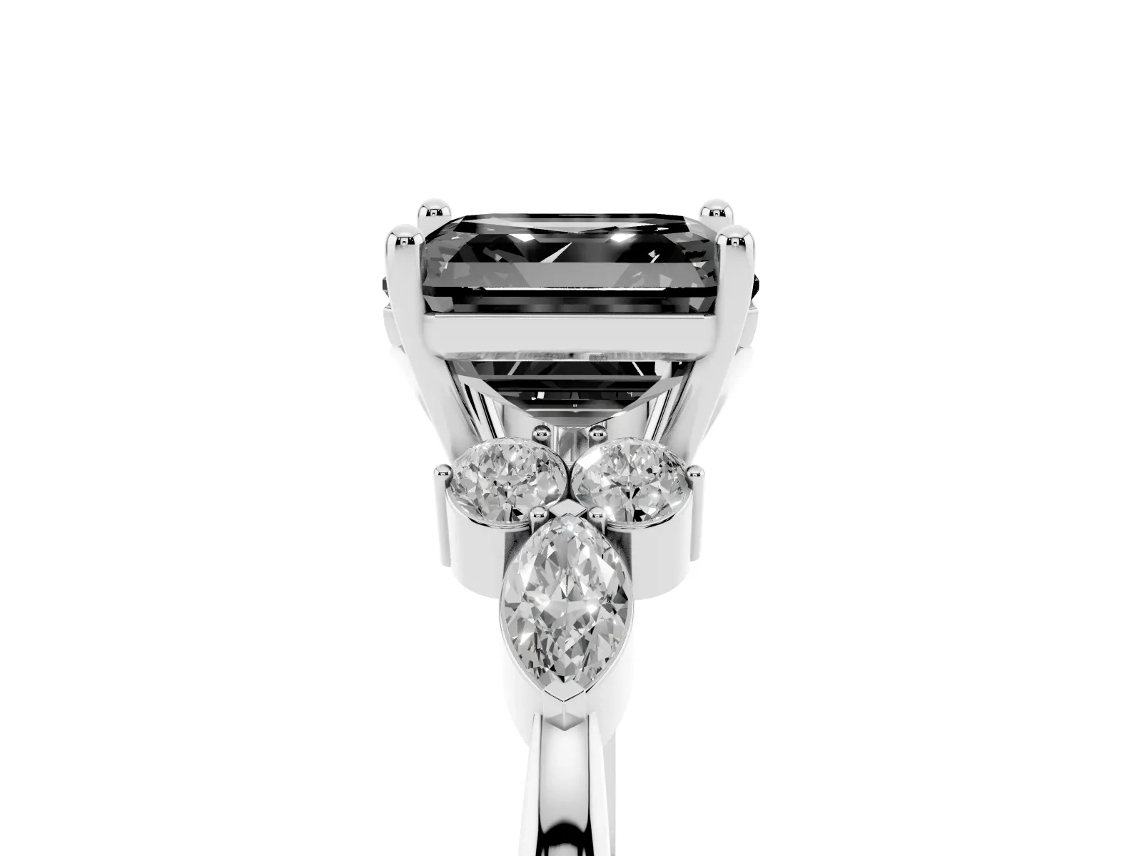 Fancy Black Asscher Cut Brilliant Diamond Solitaire Ring with Pear Side Stones and Four-Prong Setting Platinum