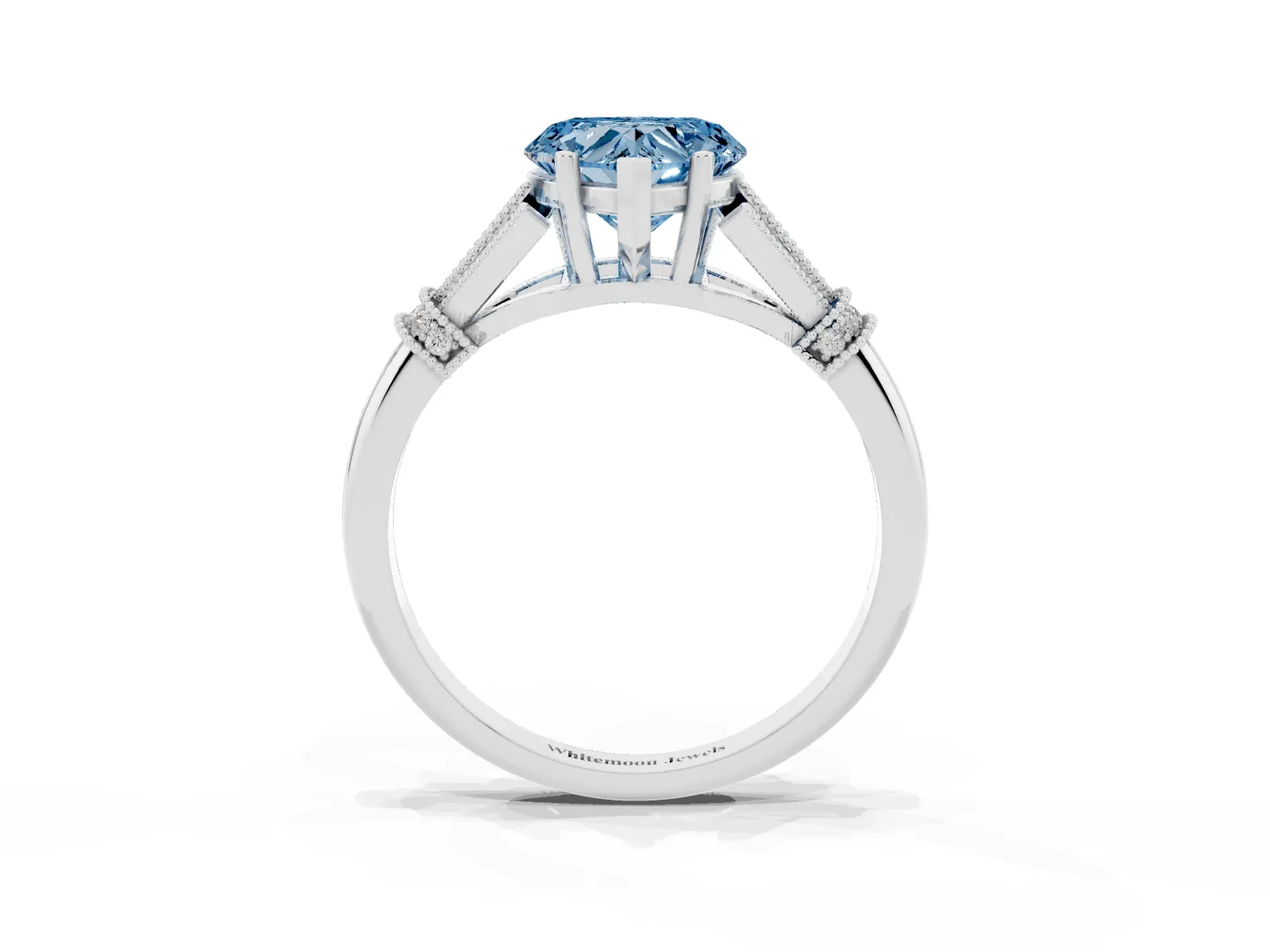 Fancy Blue Heart Cut Diamond Solitaire Ring with Floral Filigree and Pave Accents Platinum