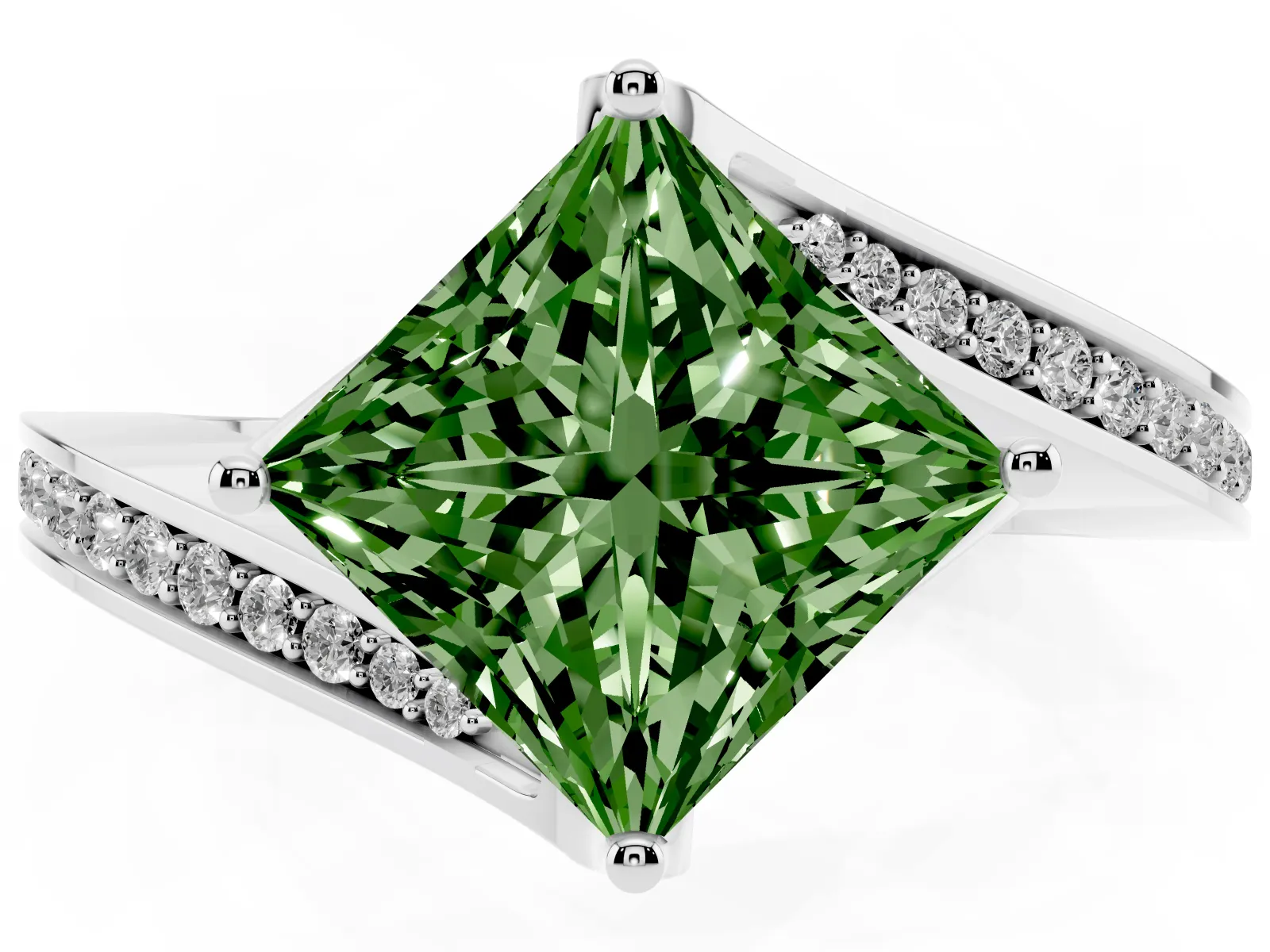Fancy Green Princess Cut Solitaire Diamond Twist Band with Pavé Setting and Four-Prong Setting Platinum