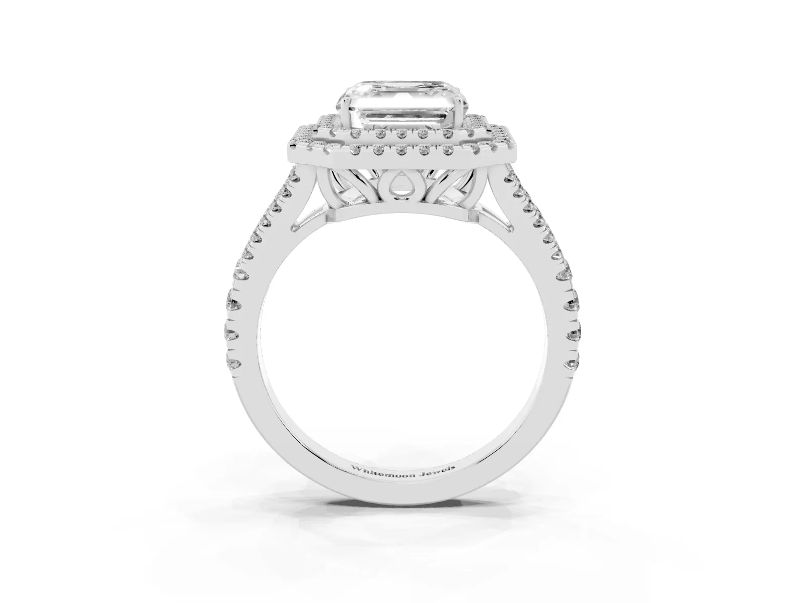 Asscher Cut Diamond Double Halo Ring with Pavé Band and Prong Setting Platinum