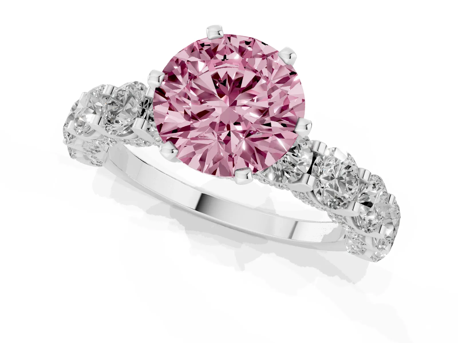 Fancy Pink Round Cut Diamond Side Stone Engagement Ring with Four-Prong Setting Platinum