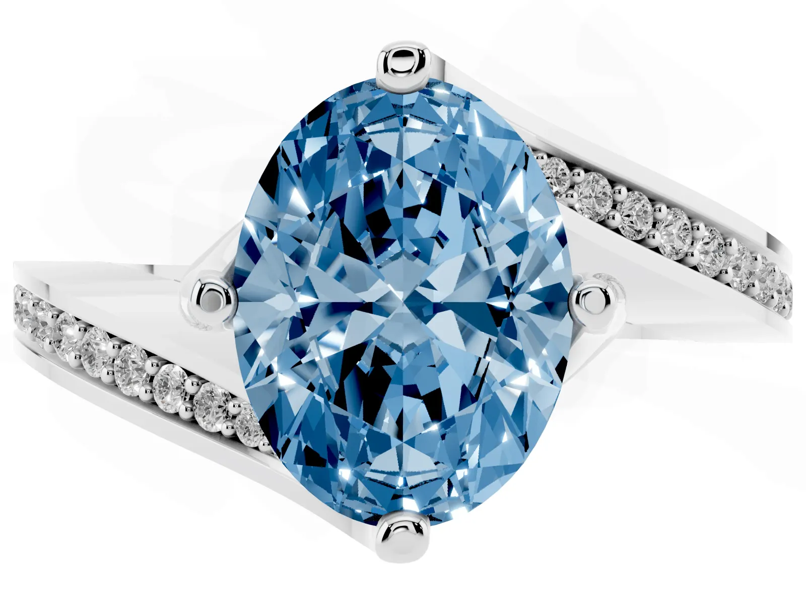 Fancy Blue Oval Cut Solitaire Diamond Twist Band with Pavé Setting and Four-Prong Setting Platinum