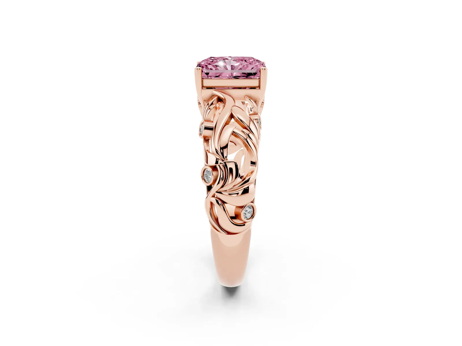 Fancy Pink Radiant Cut Solitaire Diamond Leaf-Inspired Vine Band Ring with Prong Setting Rose gold