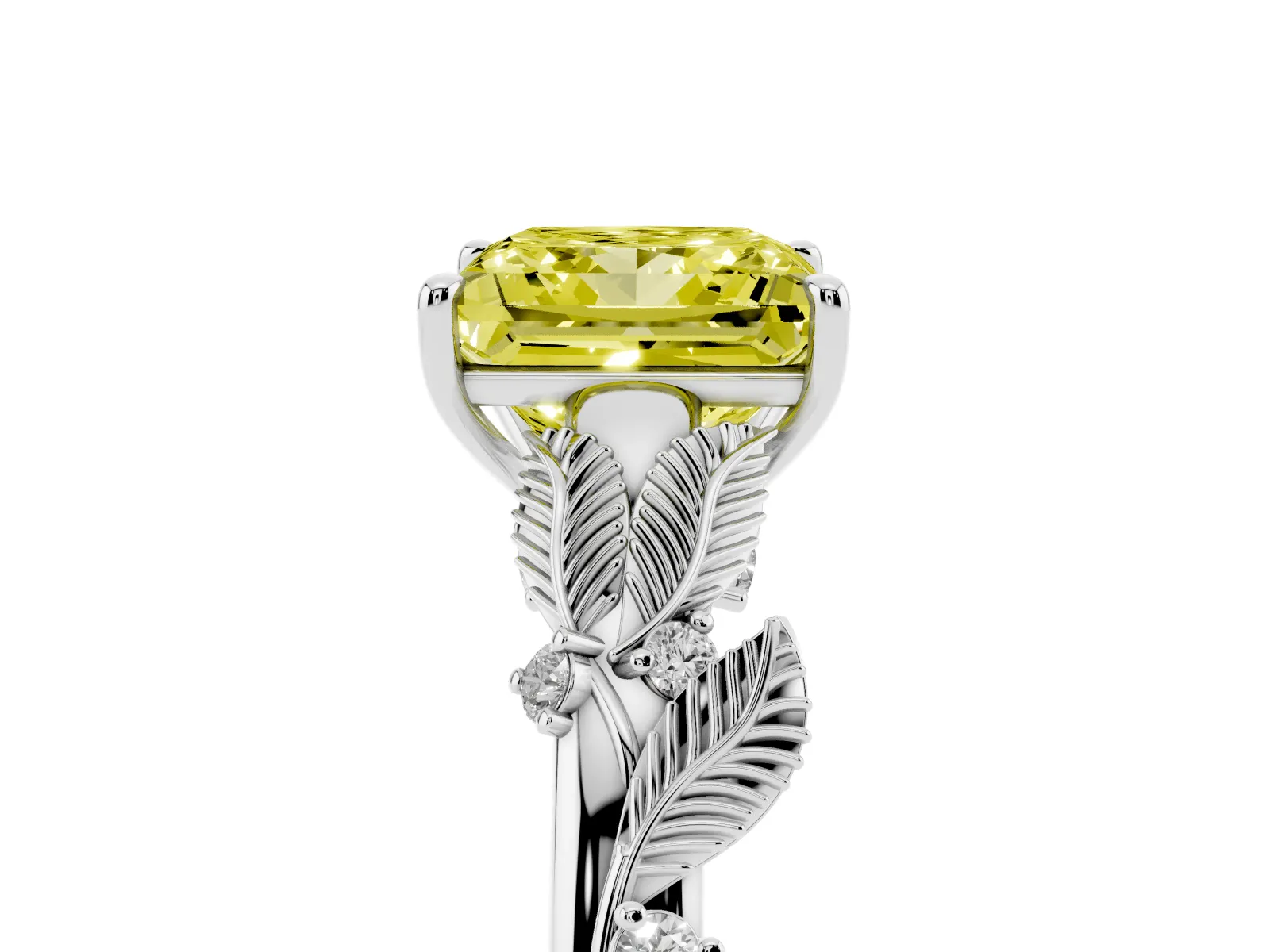 Fancy Yellow Princess Cut Diamond Solitaire Ring with Leaf Motif Band and Four-Prong Setting Platinum