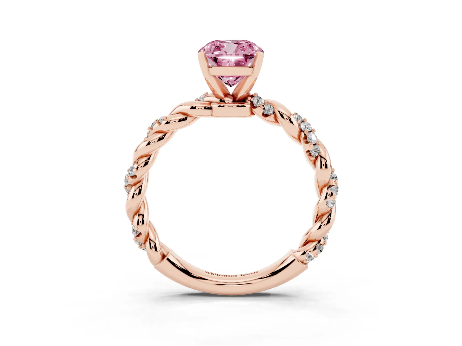 Fancy Pink Cushion Cut Diamond Solitaire Ring with Twisted Band and Pavé Accents Rose gold