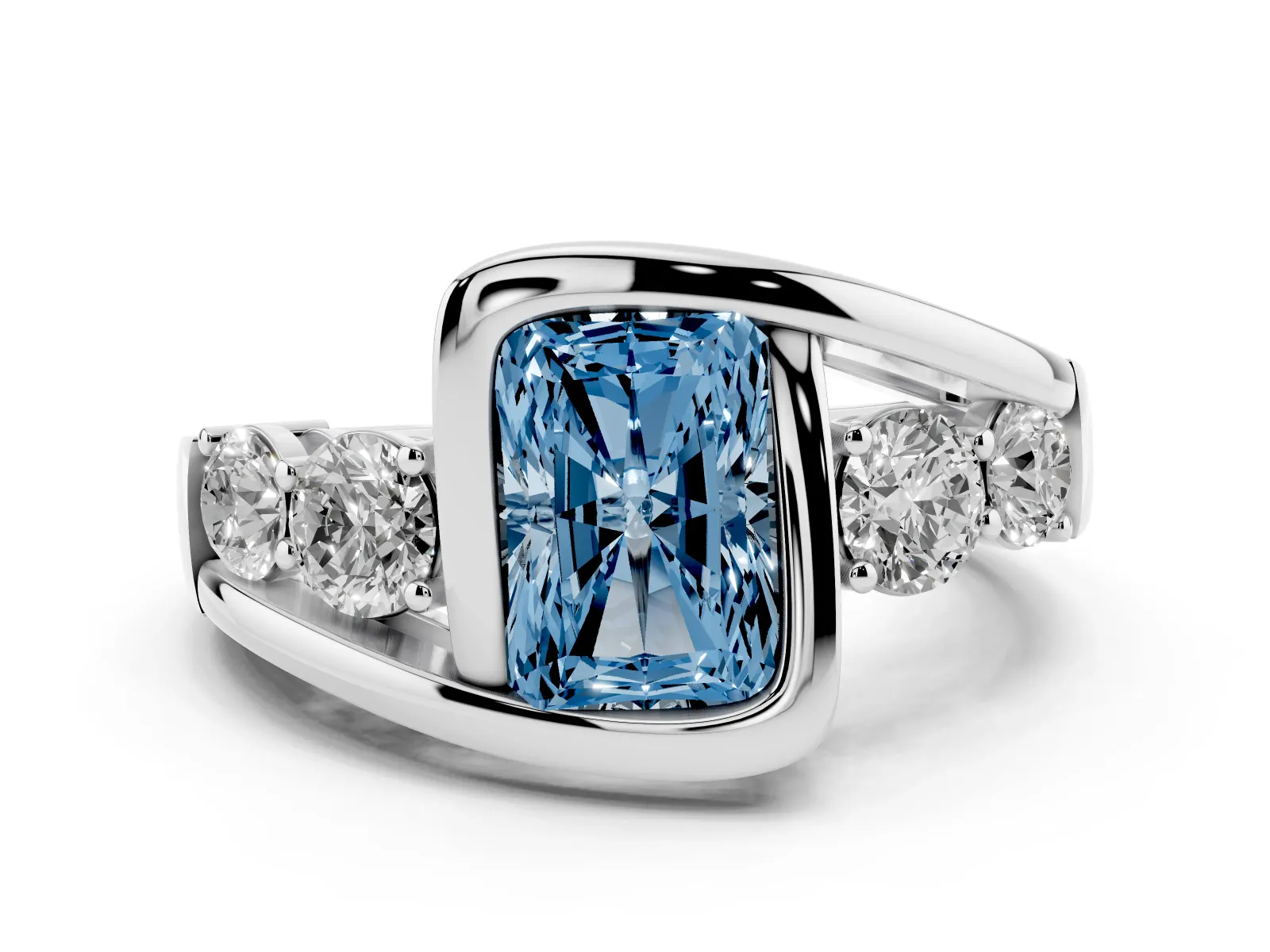Fancy Blue Bezel Set Radiant Cut Diamond Bypass Ring with Round Accents White gold