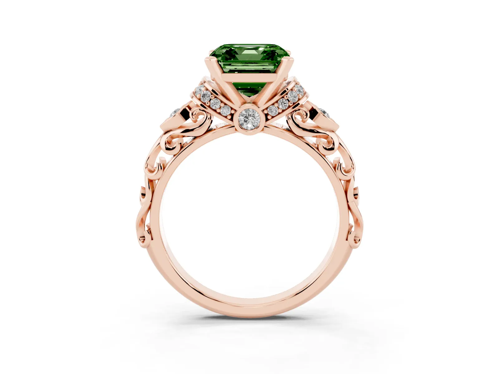Fancy Green Asscher Cut Diamond Solitaire Ring with Filigree Band and Four-Prong Setting Rose gold