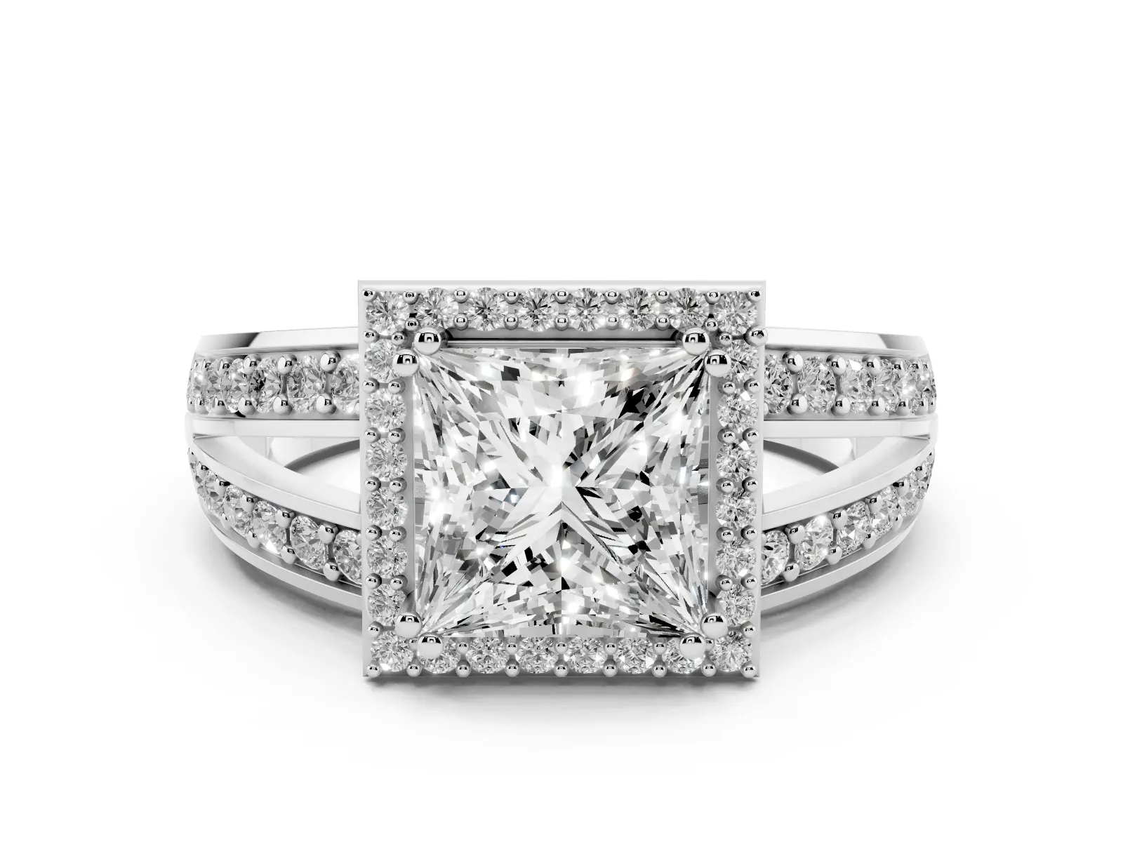 Princess Cut Diamond Halo Ring with Split Shank Pavé Band and Four-Prong Setting Platinum