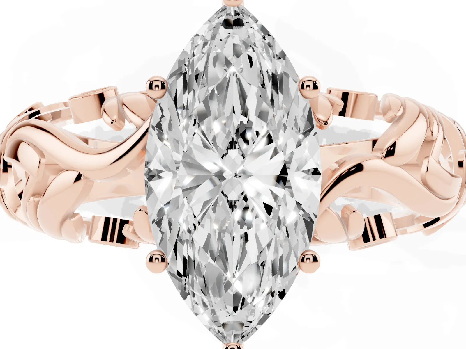 Marquise Cut Solitaire Diamond Leaf-Inspired Vine Band Ring with Prong Setting Rose gold
