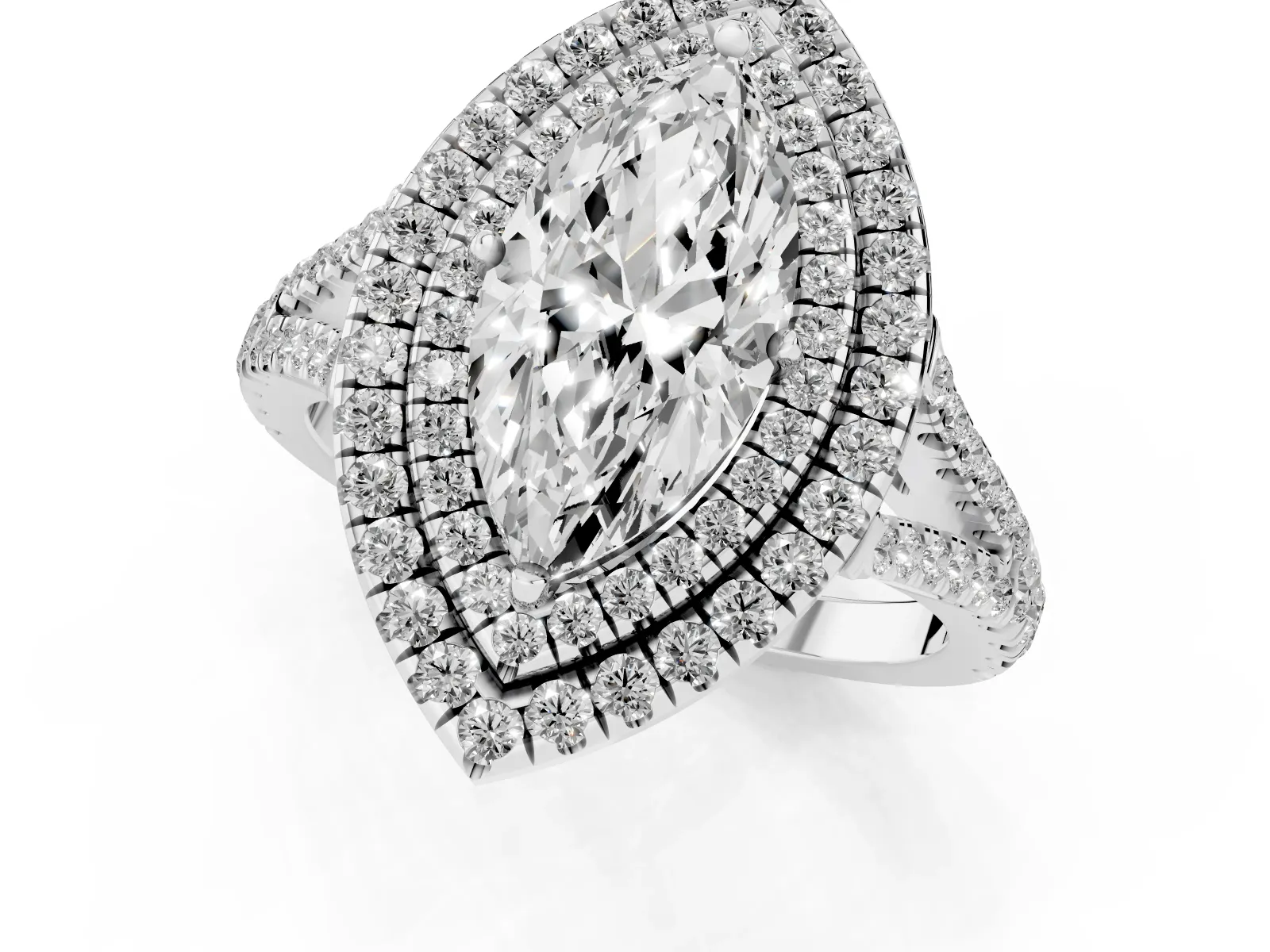 Marquise Cut Diamond Double Halo Ring with Pavé Band and Prong Setting Platinum