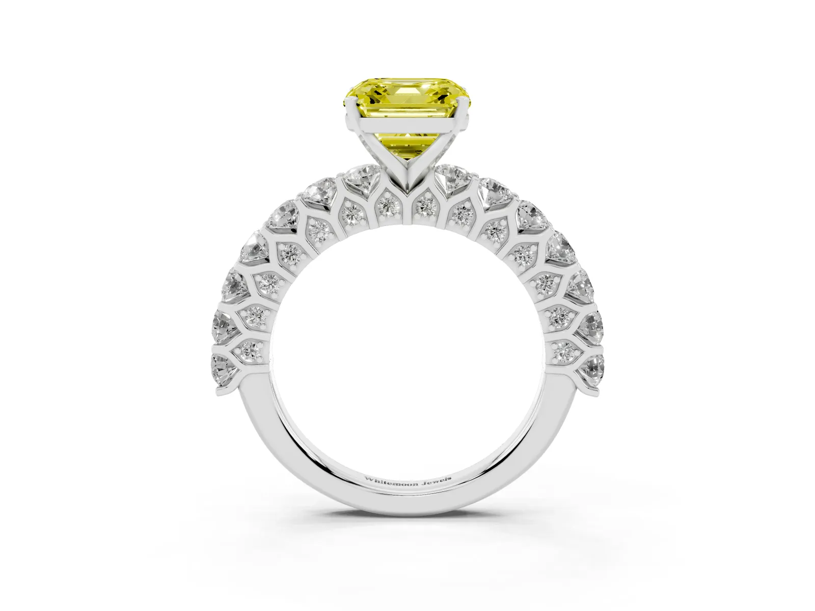 Fancy Yellow Asscher Cut Diamond Solitaire Ring with Shared Prong Pavé Band and Four-Prong Setting White gold