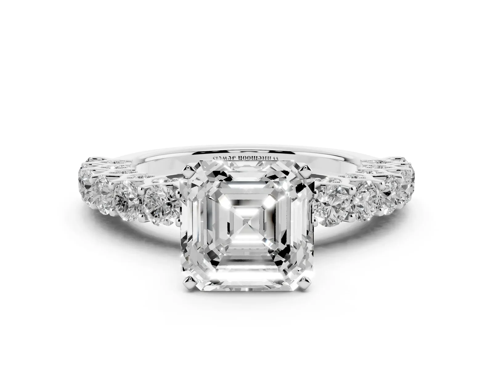 Asscher Cut Diamond Solitaire Ring with Shared Prong Pavé Band and Four-Prong Setting White gold
