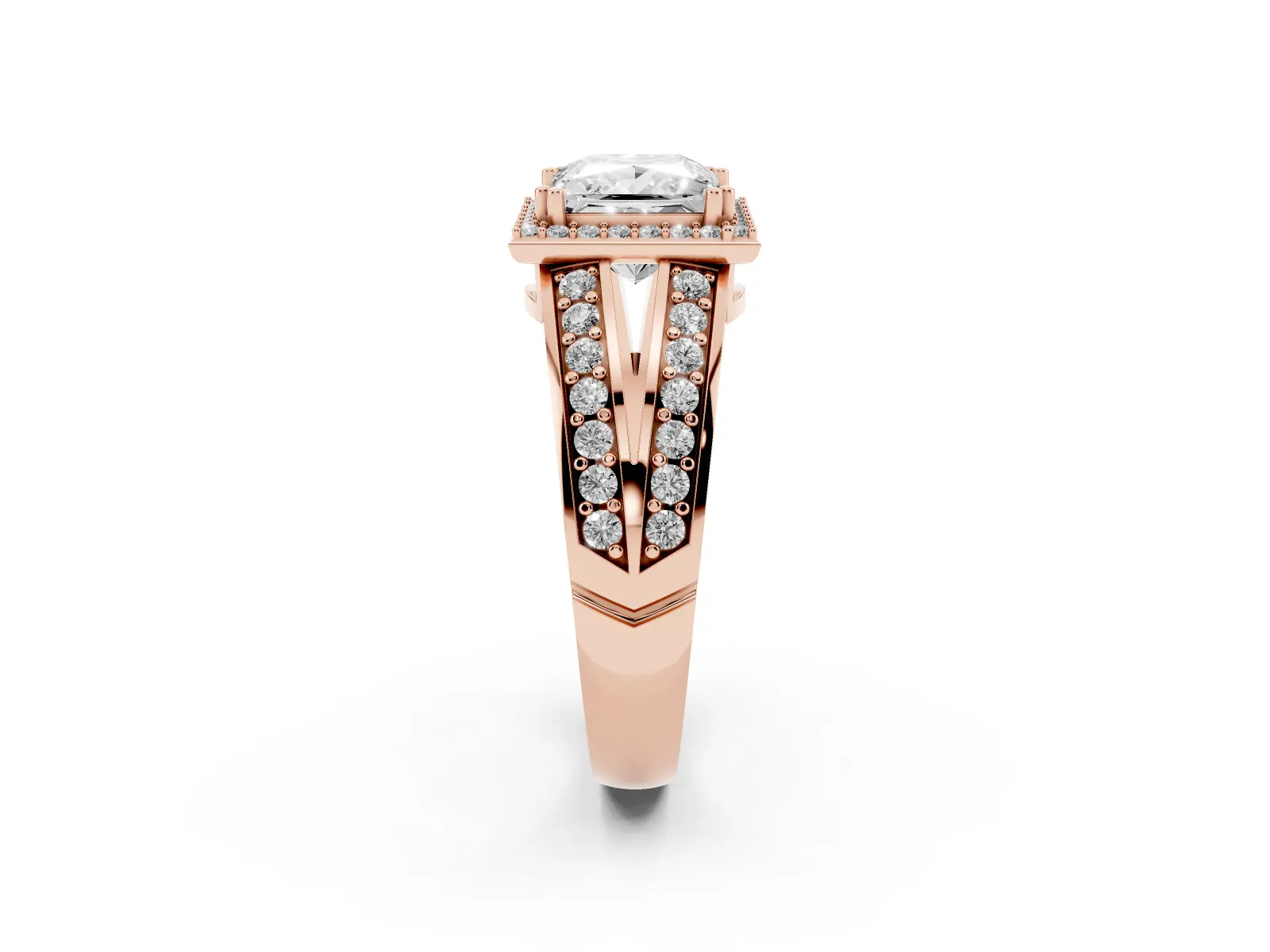 Princess Cut Diamond Halo Ring with Split Shank Pavé Band and Four-Prong Setting Rose gold