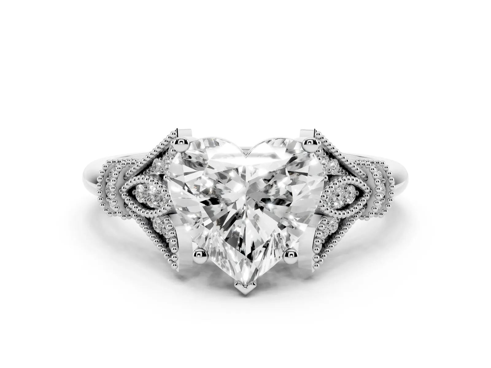 Heart Cut Diamond Solitaire Ring with Floral Filigree and Pave Accents Platinum
